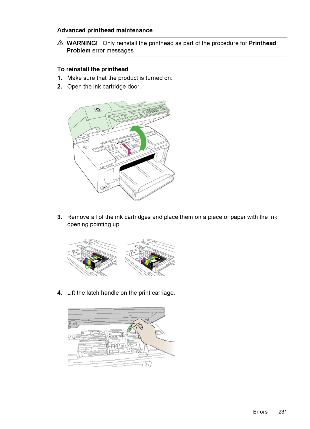 HP 6500 - E709n, 6500 - E709q, 6500 - E709a manual Advanced printhead maintenance To reinstall the printhead 