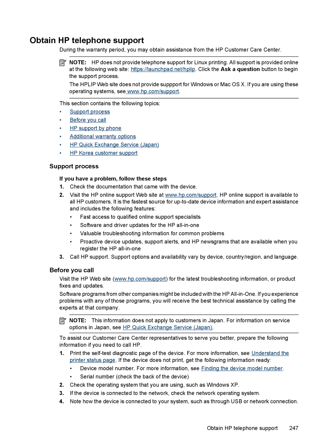 HP 6500 - E709a Obtain HP telephone support, Support process, Before you call, If you have a problem, follow these steps 