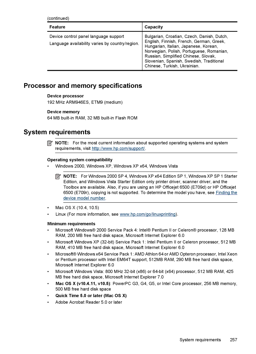 HP 6500 - E709q, 6500 - E709n, 6500 - E709a manual Processor and memory specifications, System requirements 