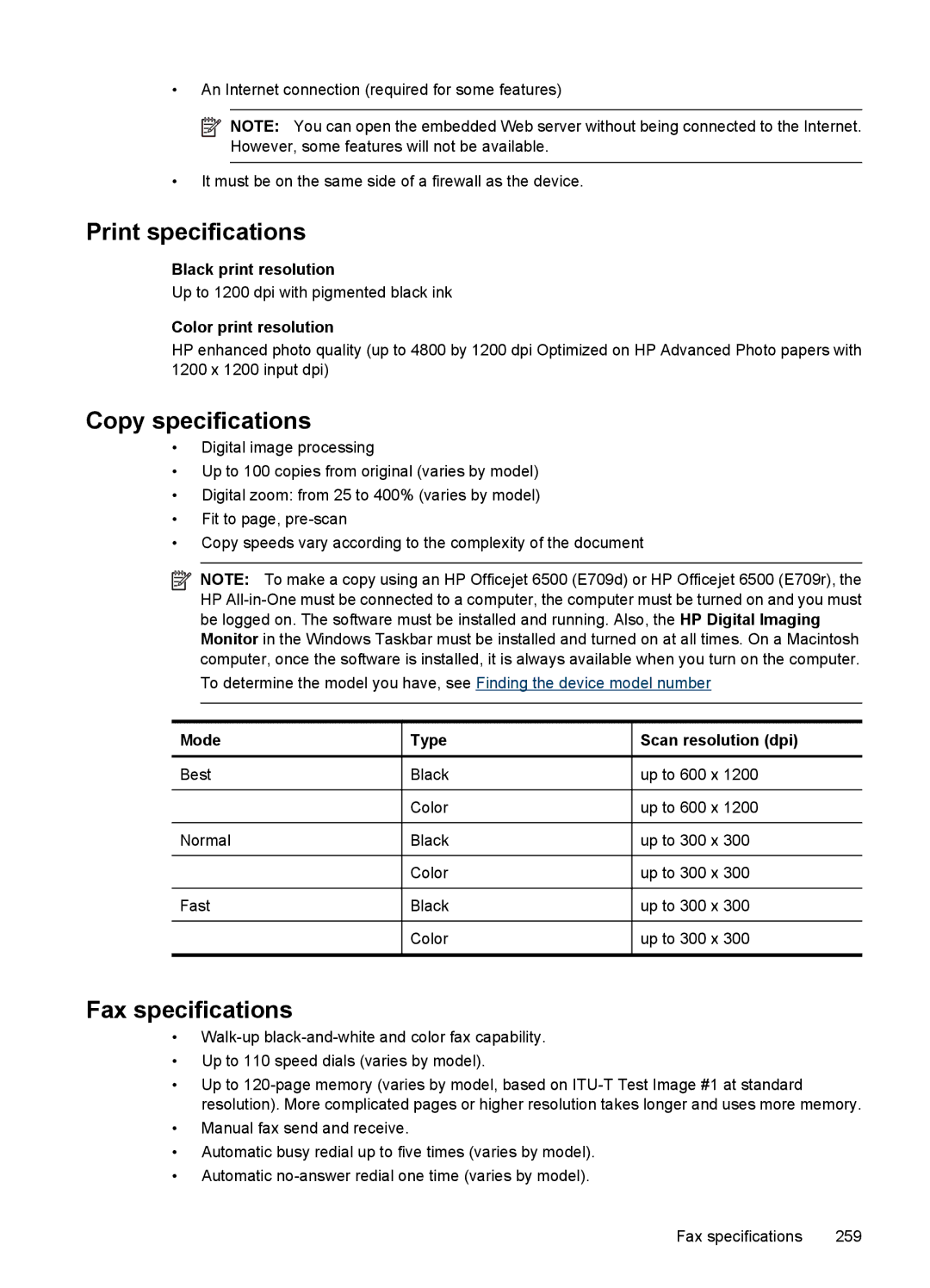 HP 6500 - E709a, 6500 - E709q, 6500 - E709n manual Print specifications, Copy specifications, Fax specifications 