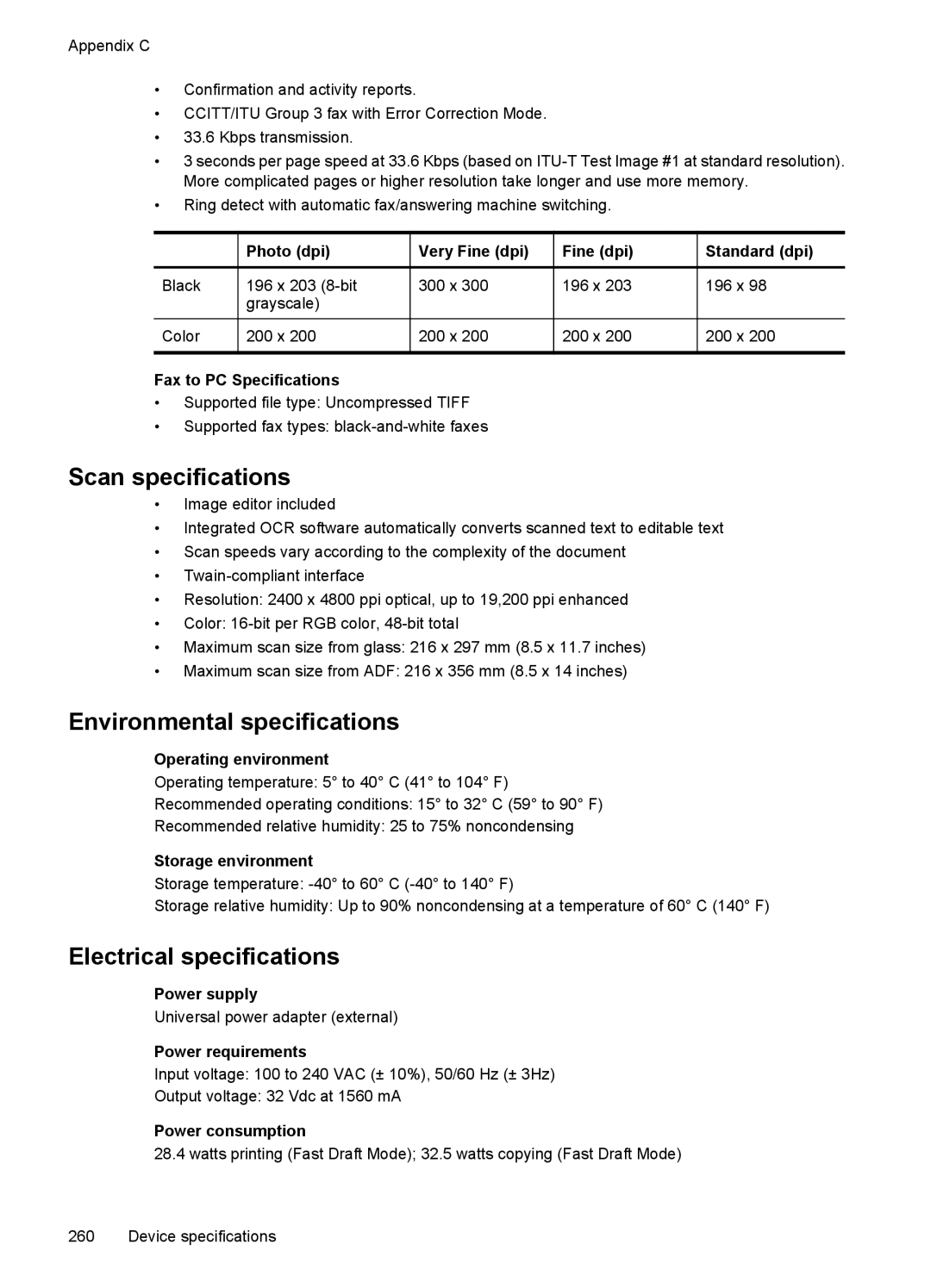 HP 6500 - E709q, 6500 - E709n, 6500 - E709a Scan specifications, Environmental specifications, Electrical specifications 