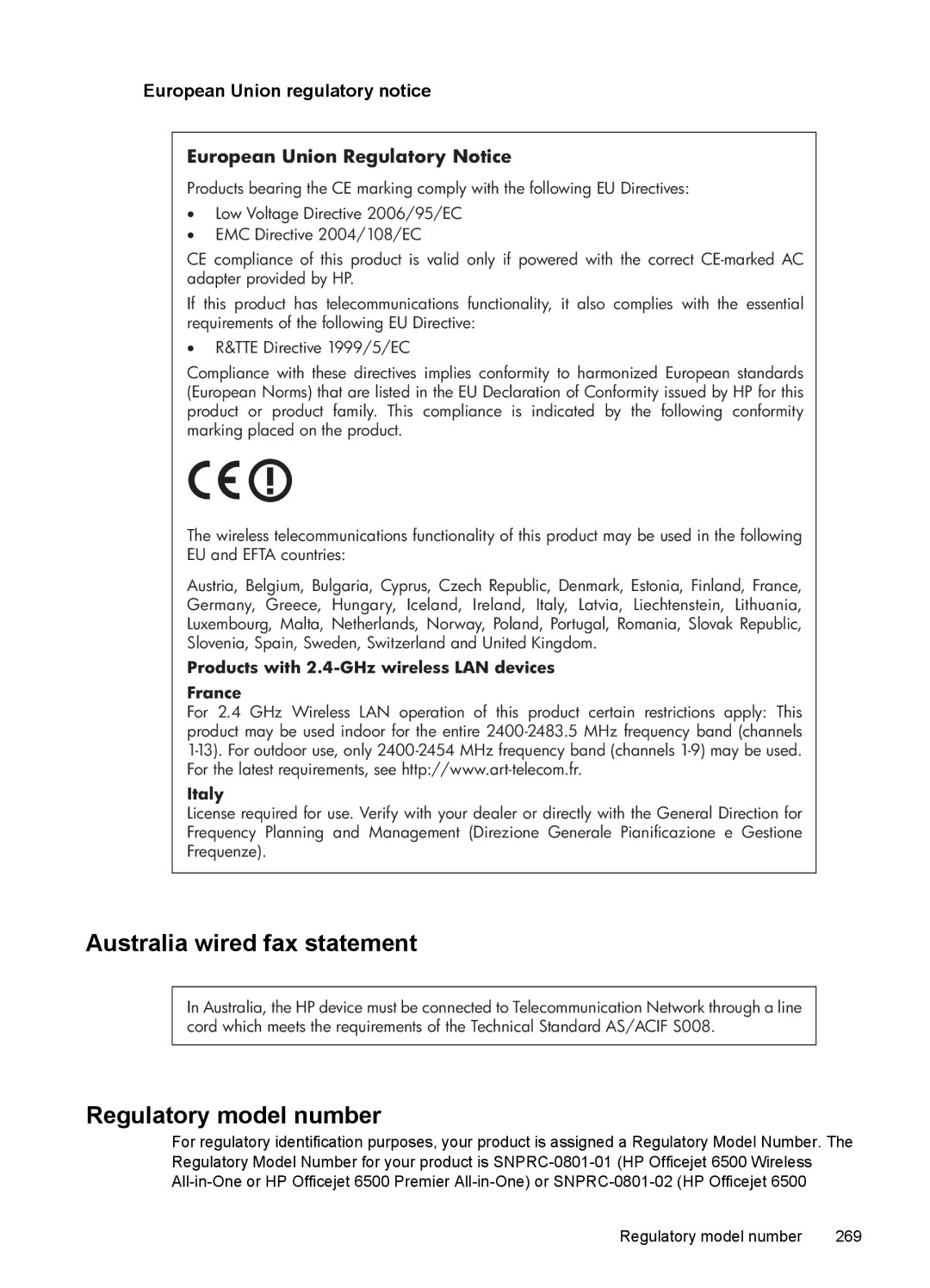 HP 6500 - E709q, 6500 - E709n Australia wired fax statement, Regulatory model number, European Union regulatory notice 