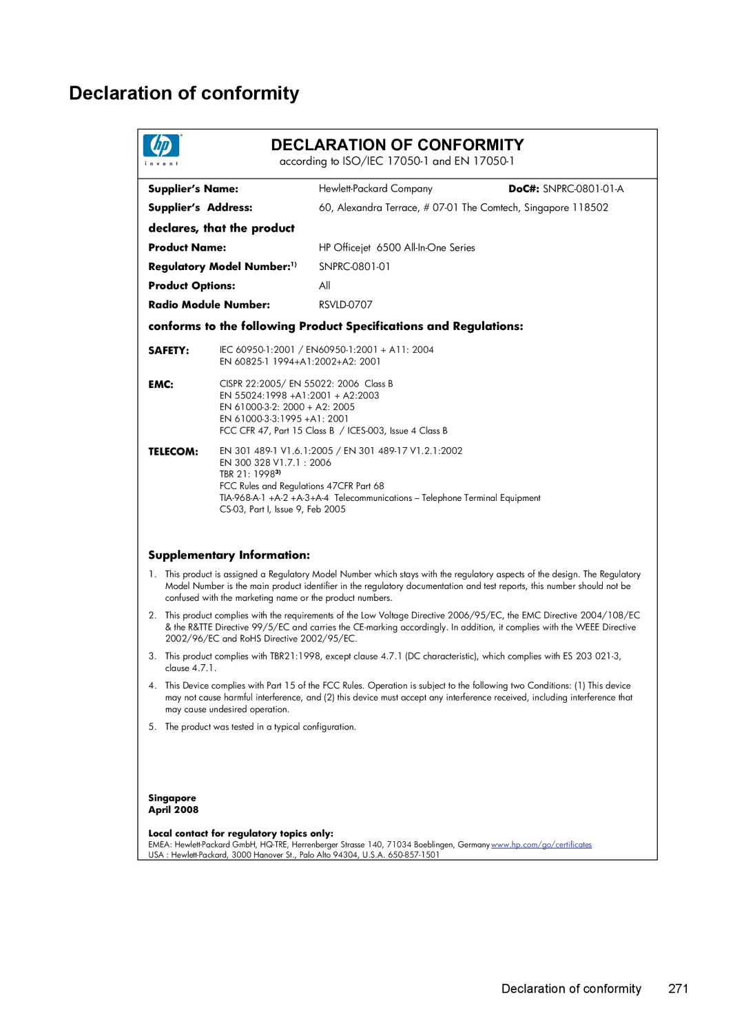 HP 6500 - E709a, 6500 - E709q, 6500 - E709n manual Declaration of conformity, Declaration of Conformity 