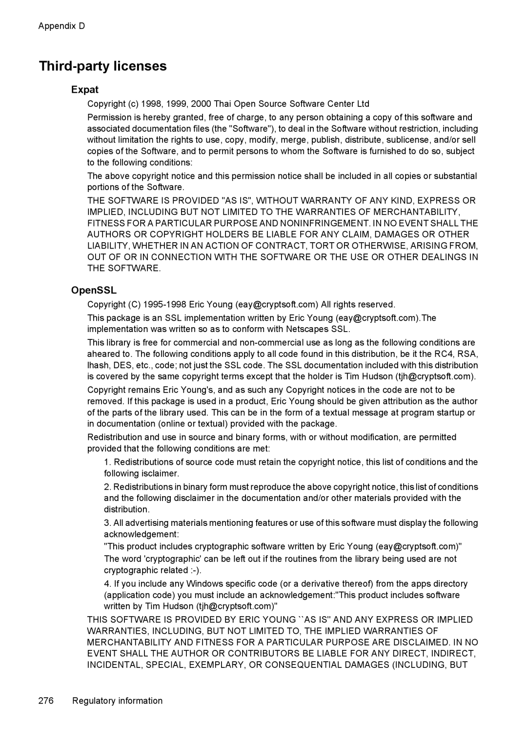 HP 6500 - E709n, 6500 - E709q, 6500 - E709a manual Third-party licenses, Expat, OpenSSL 