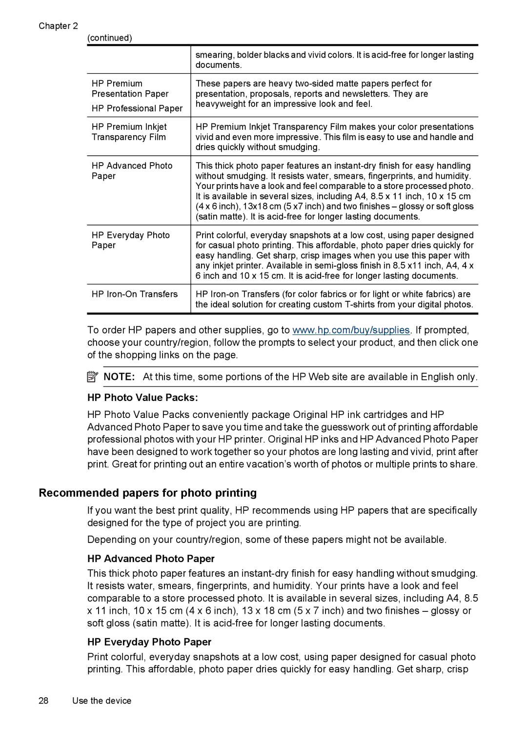 HP 6500 - E709a, 6500 - E709q manual Recommended papers for photo printing, HP Photo Value Packs, HP Advanced Photo Paper 