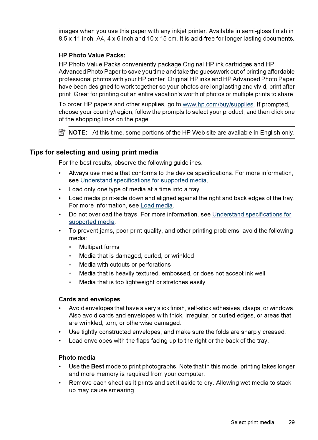 HP 6500 - E709q, 6500 - E709n, 6500 - E709a manual Tips for selecting and using print media, Cards and envelopes, Photo media 