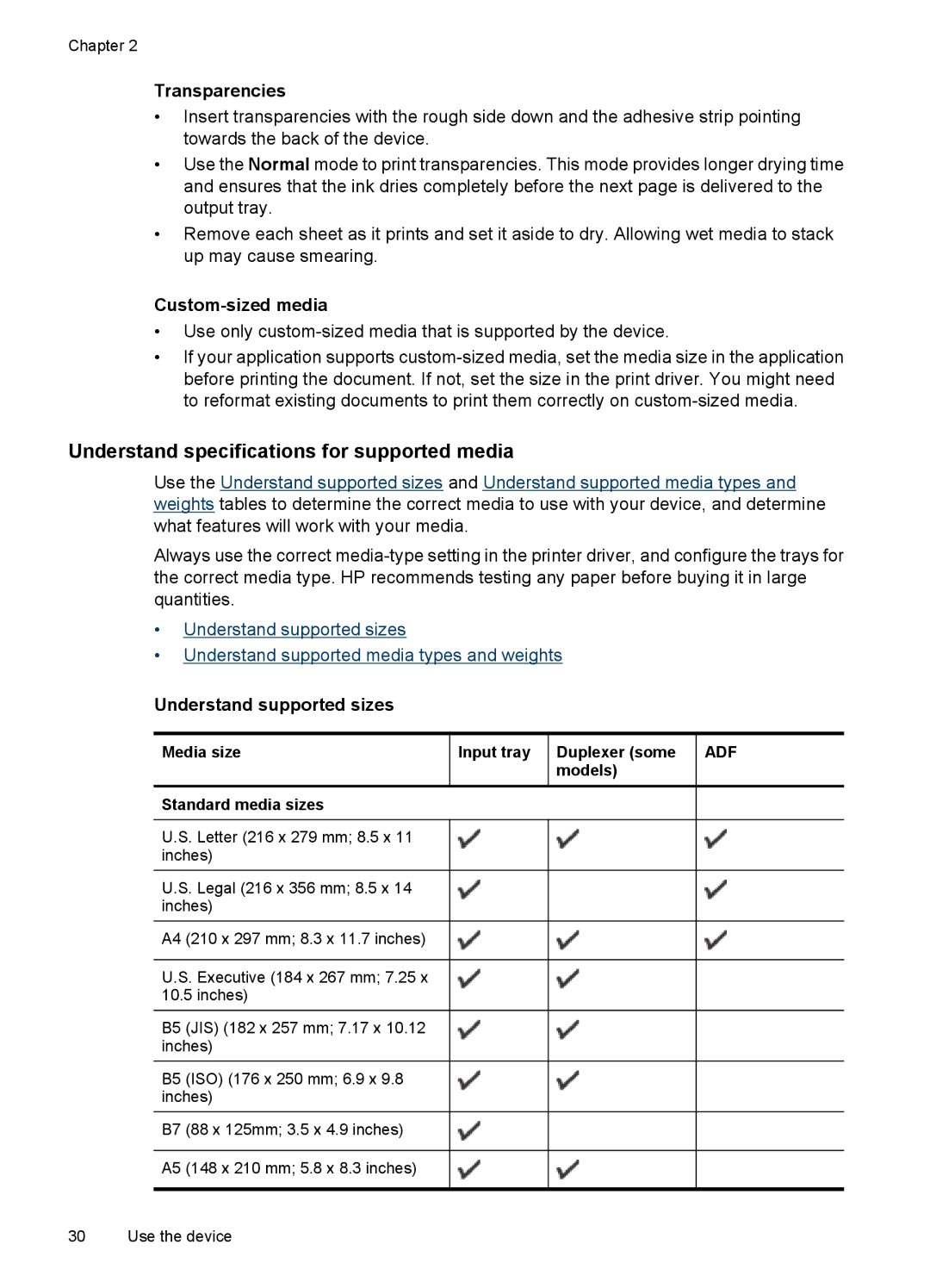 HP 6500 - E709n, 6500 - E709q manual Understand specifications for supported media, Transparencies, Custom-sized media 