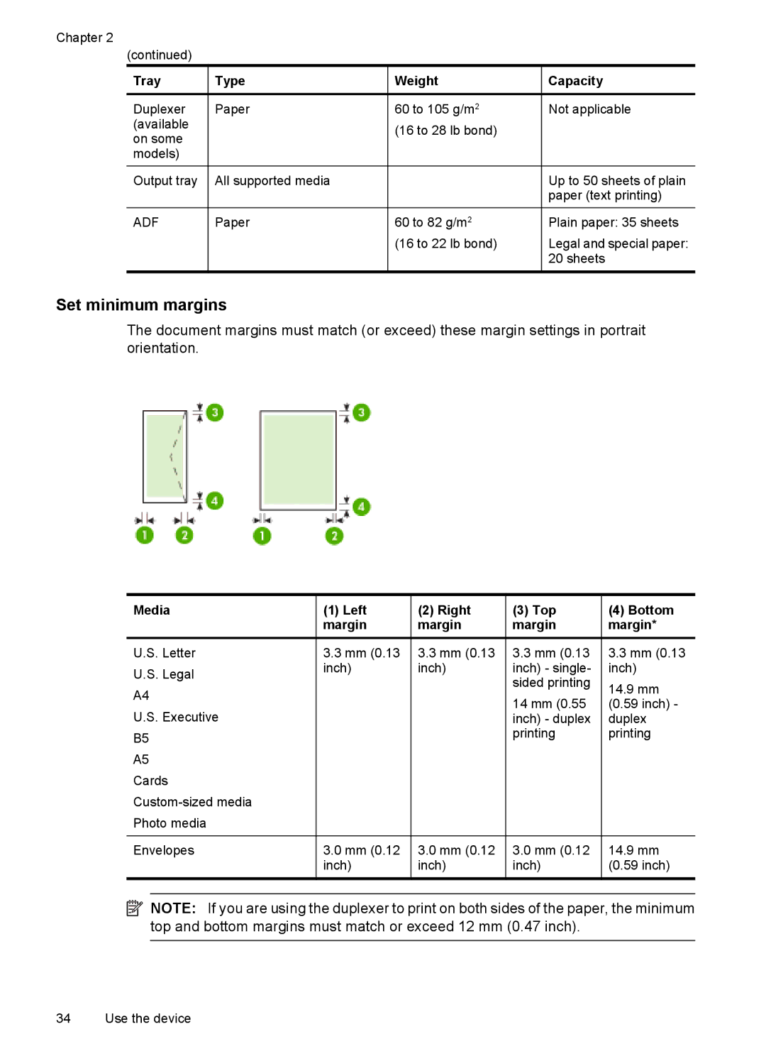 HP 6500 - E709a, 6500 - E709q, 6500 - E709n manual Set minimum margins, Tray Type, Media, Left Right Top Bottom Margin 