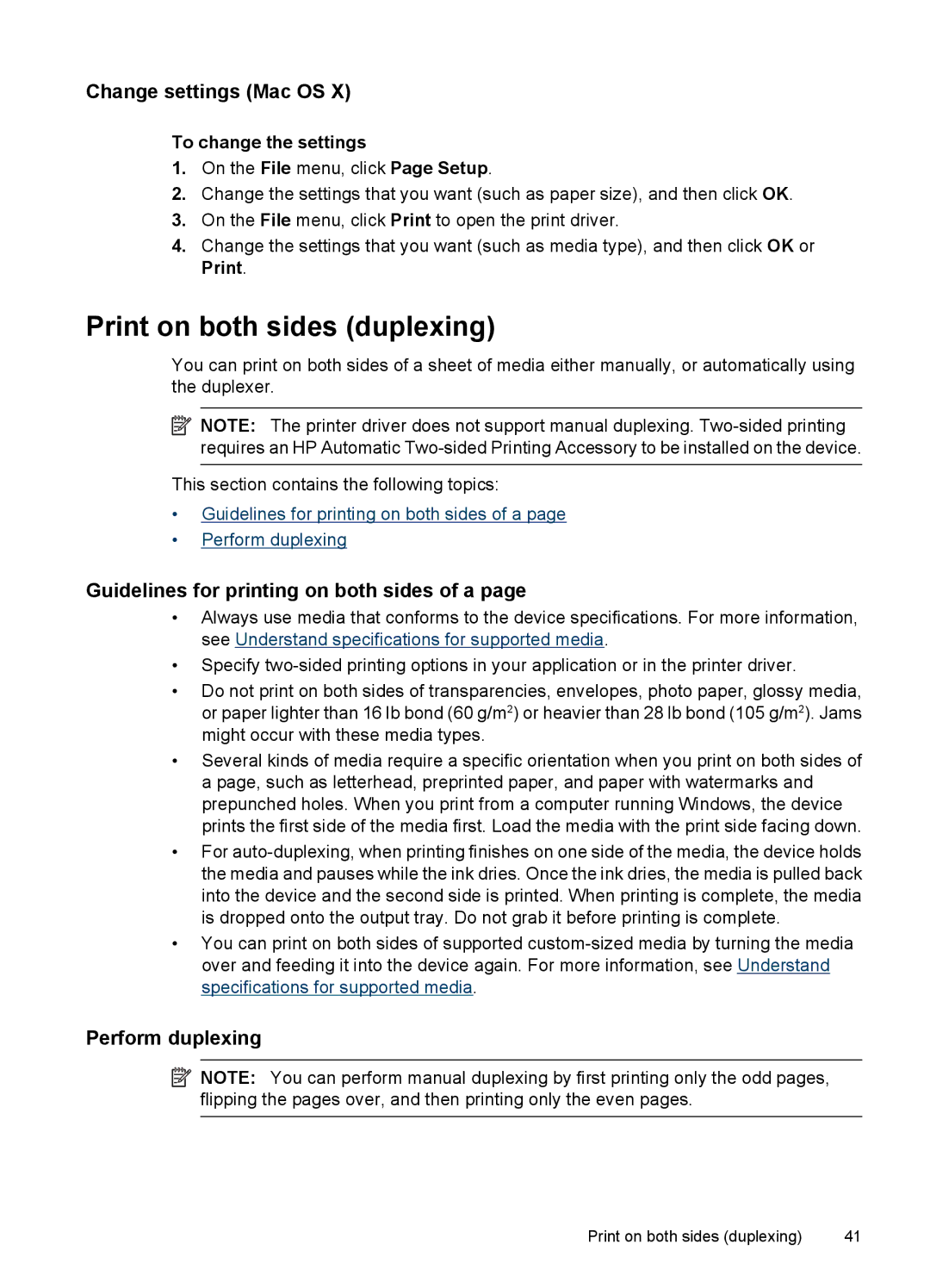 HP 6500 - E709q manual Print on both sides duplexing, Change settings Mac OS, Guidelines for printing on both sides of a 