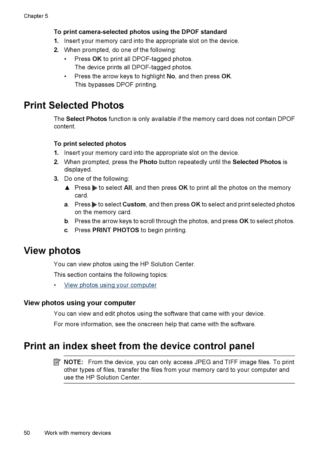 HP 6500 - E709q, 6500 - E709n manual Print Selected Photos, View photos, Print an index sheet from the device control panel 