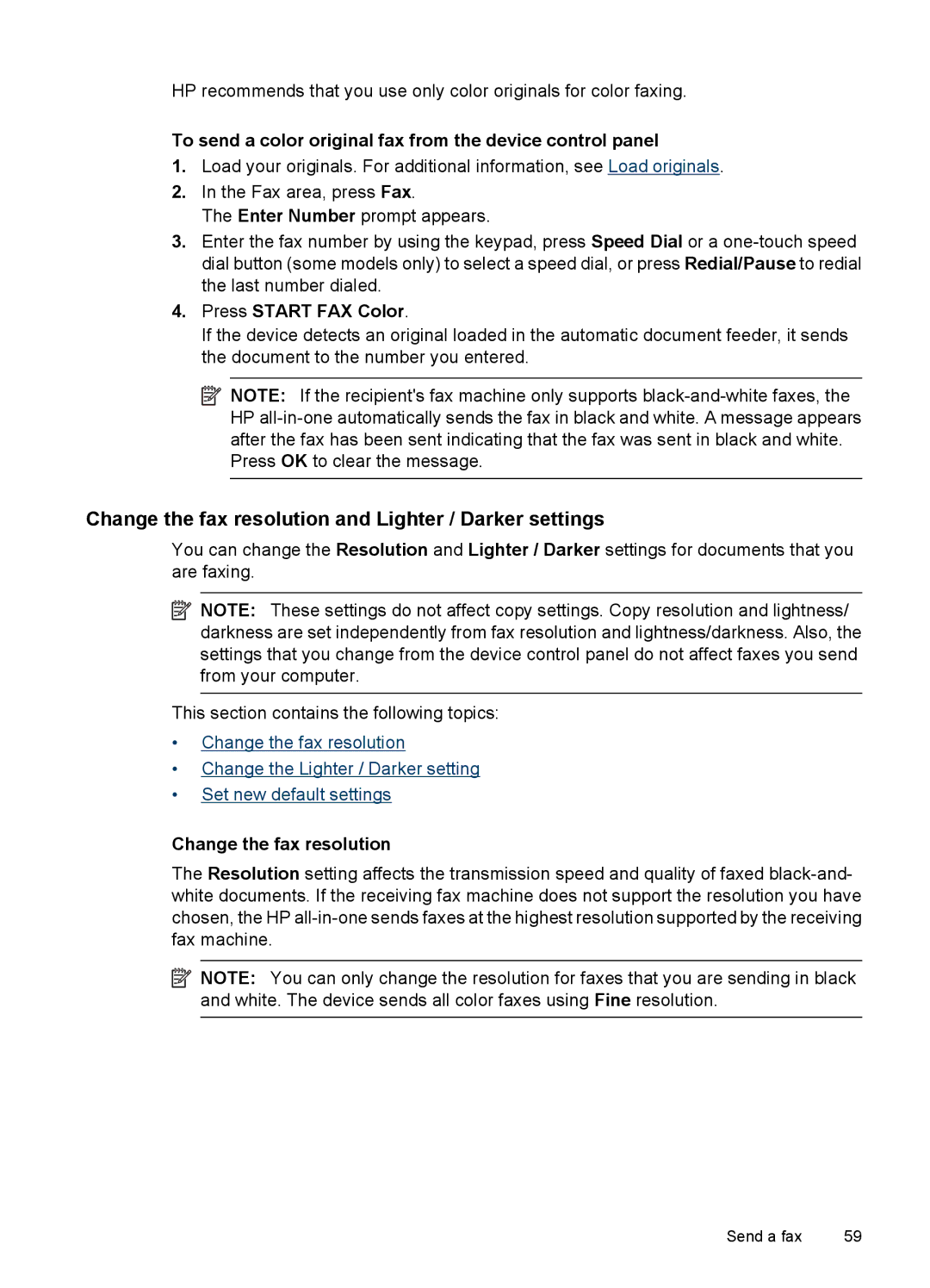 HP 6500 - E709q, 6500 - E709n, 6500 - E709a Change the fax resolution and Lighter / Darker settings, Press Start FAX Color 