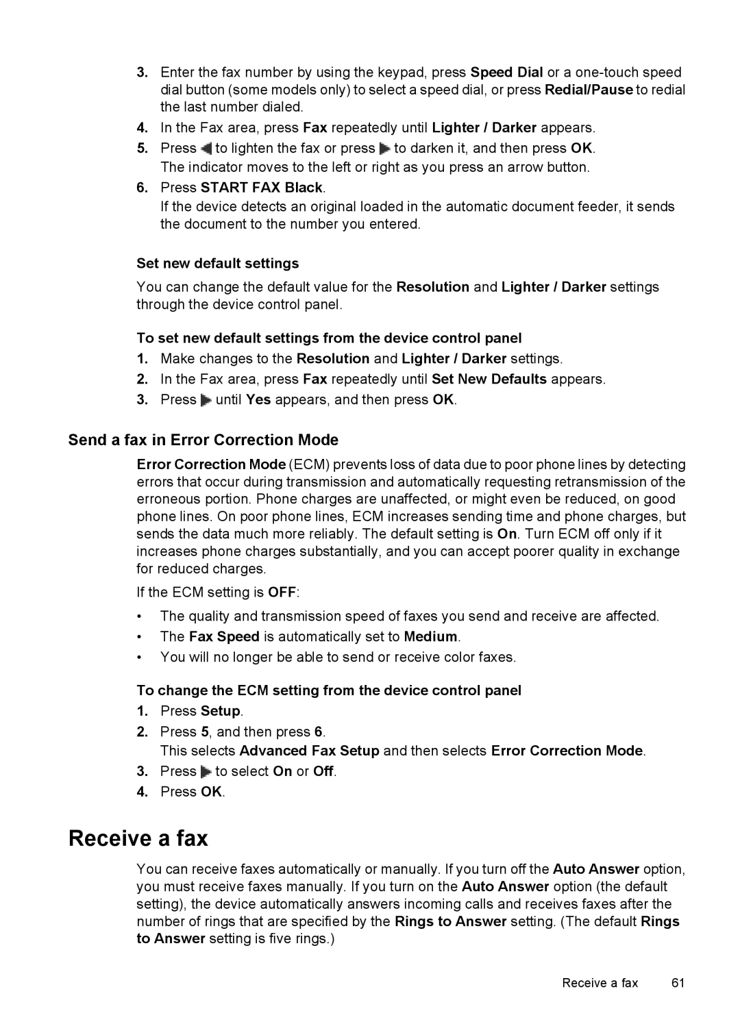 HP 6500 - E709a, 6500 - E709q, 6500 - E709n Receive a fax, Send a fax in Error Correction Mode, Set new default settings 