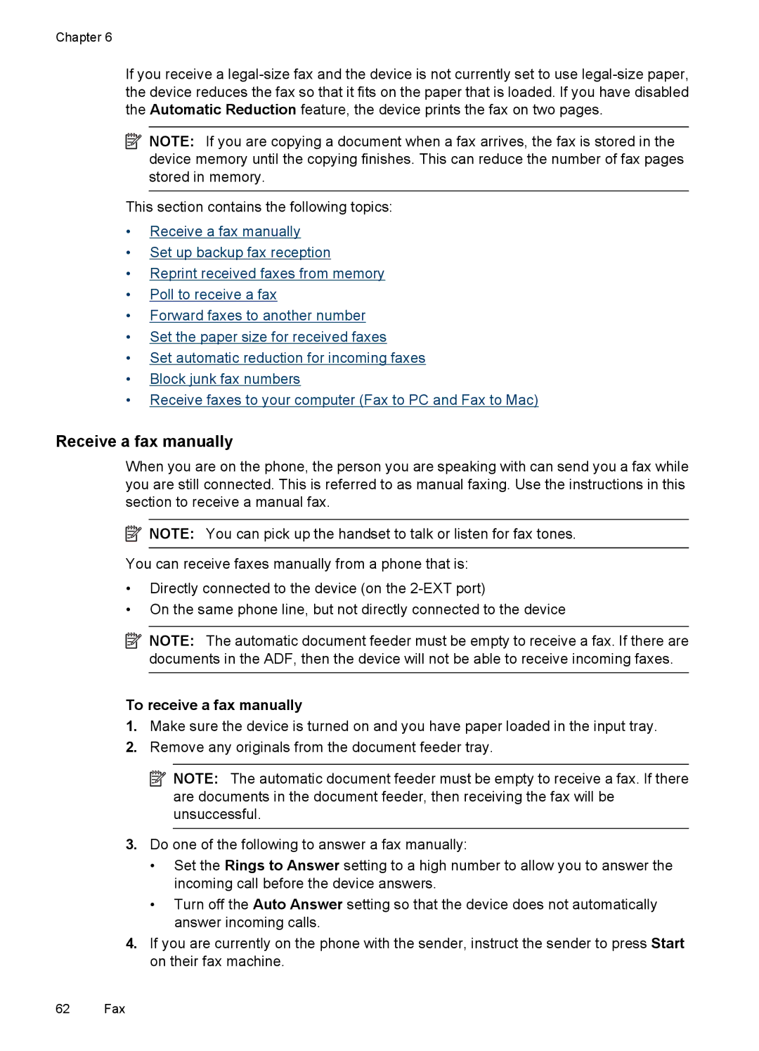 HP 6500 - E709q, 6500 - E709n, 6500 - E709a Receive a fax manually, To receive a fax manually 