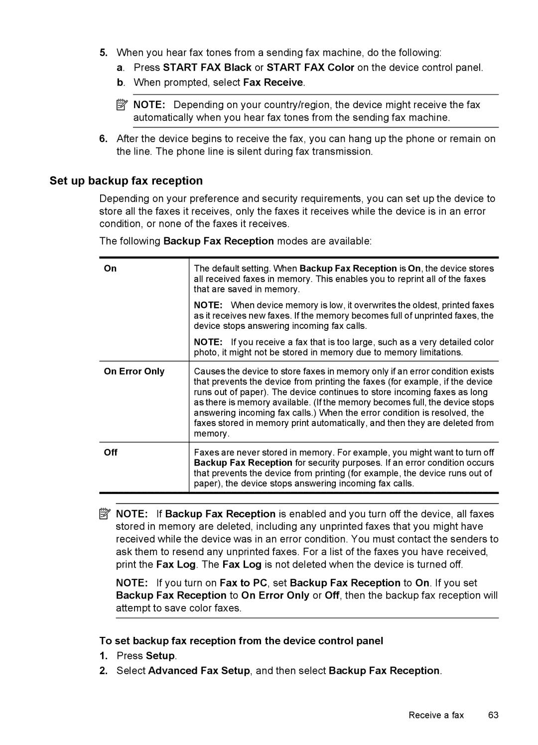 HP 6500 - E709n Set up backup fax reception, To set backup fax reception from the device control panel, On Error Only Off 