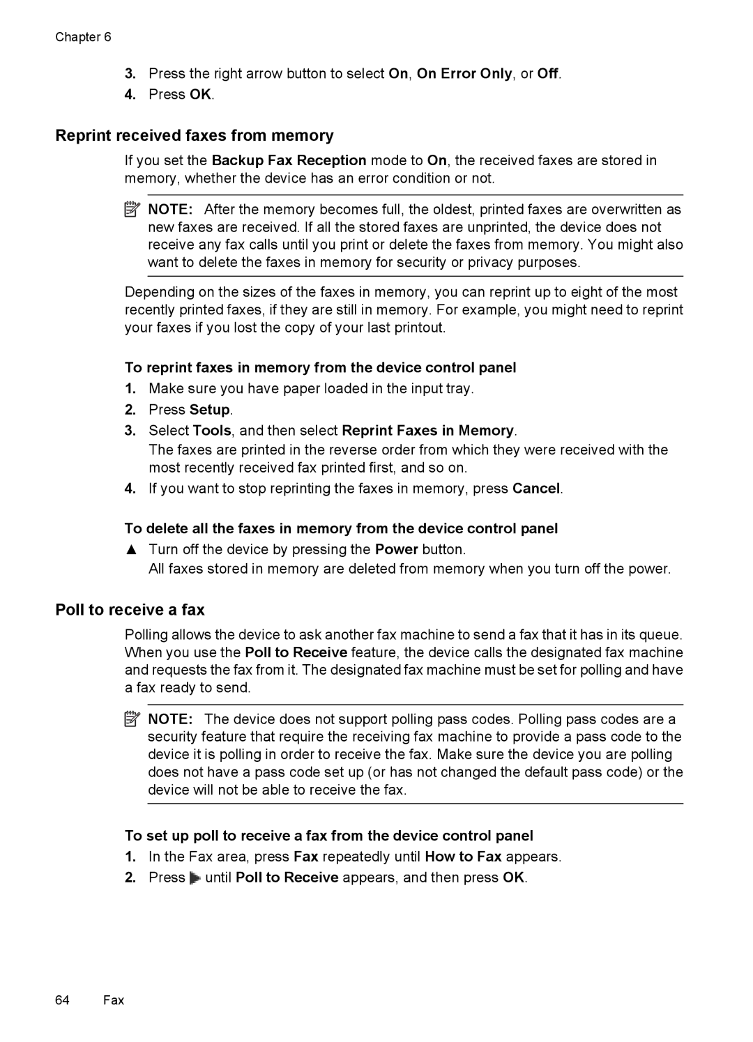 HP 6500 - E709a, 6500 - E709q, 6500 - E709n manual Reprint received faxes from memory, Poll to receive a fax 