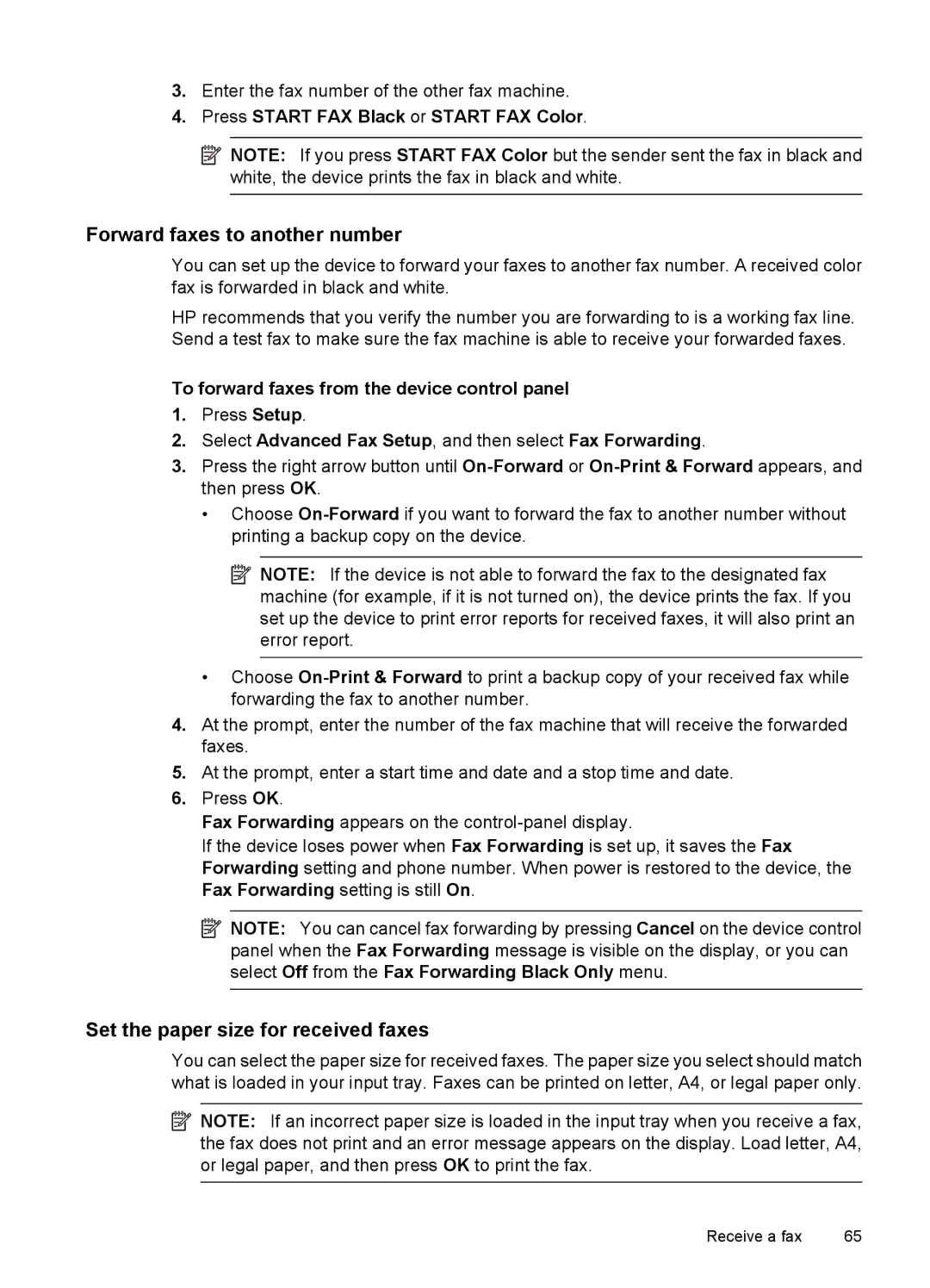 HP 6500 - E709q, 6500 - E709n, 6500 - E709a manual Forward faxes to another number, Set the paper size for received faxes 