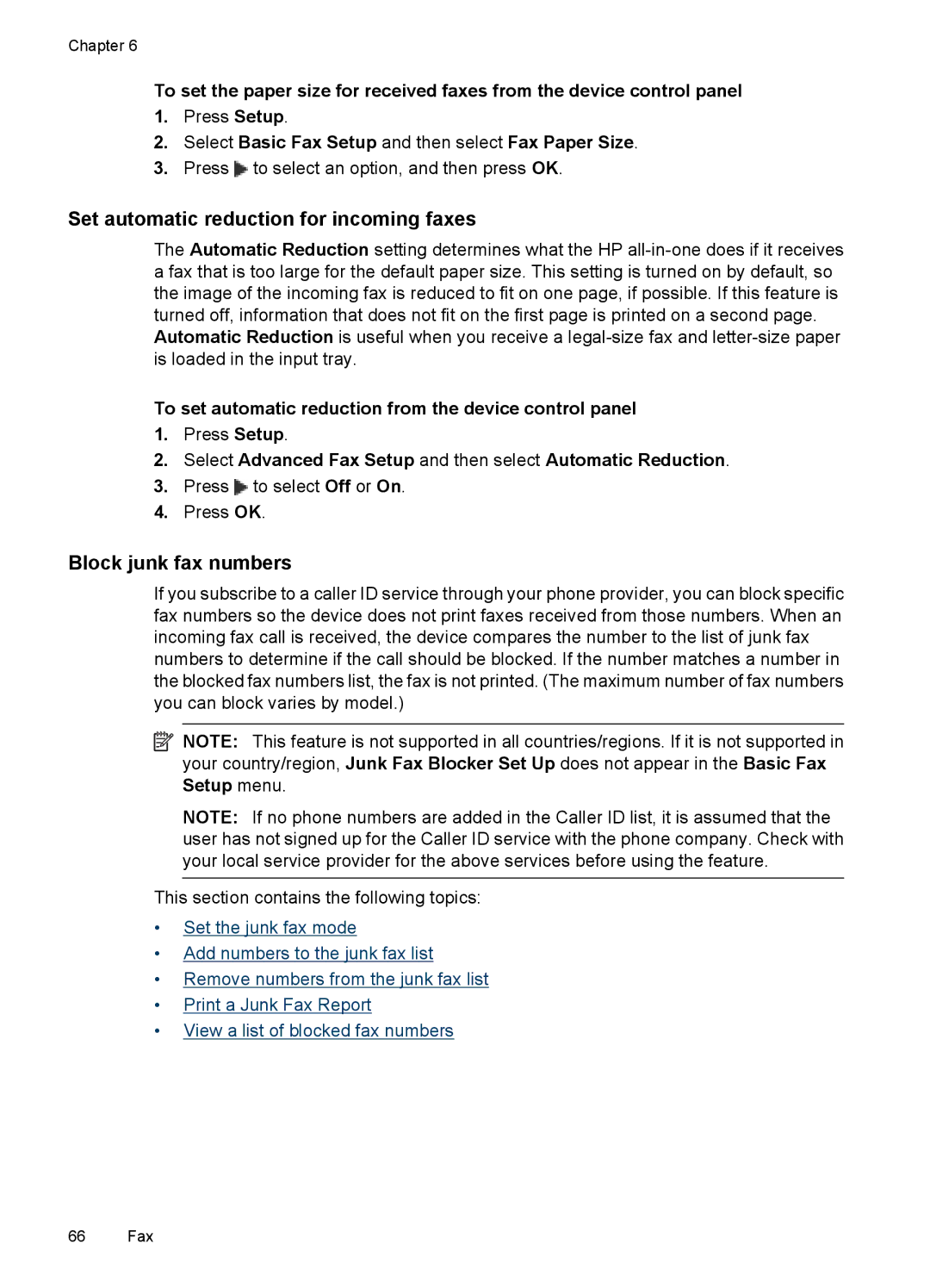 HP 6500 - E709n, 6500 - E709q, 6500 - E709a manual Set automatic reduction for incoming faxes, Block junk fax numbers 