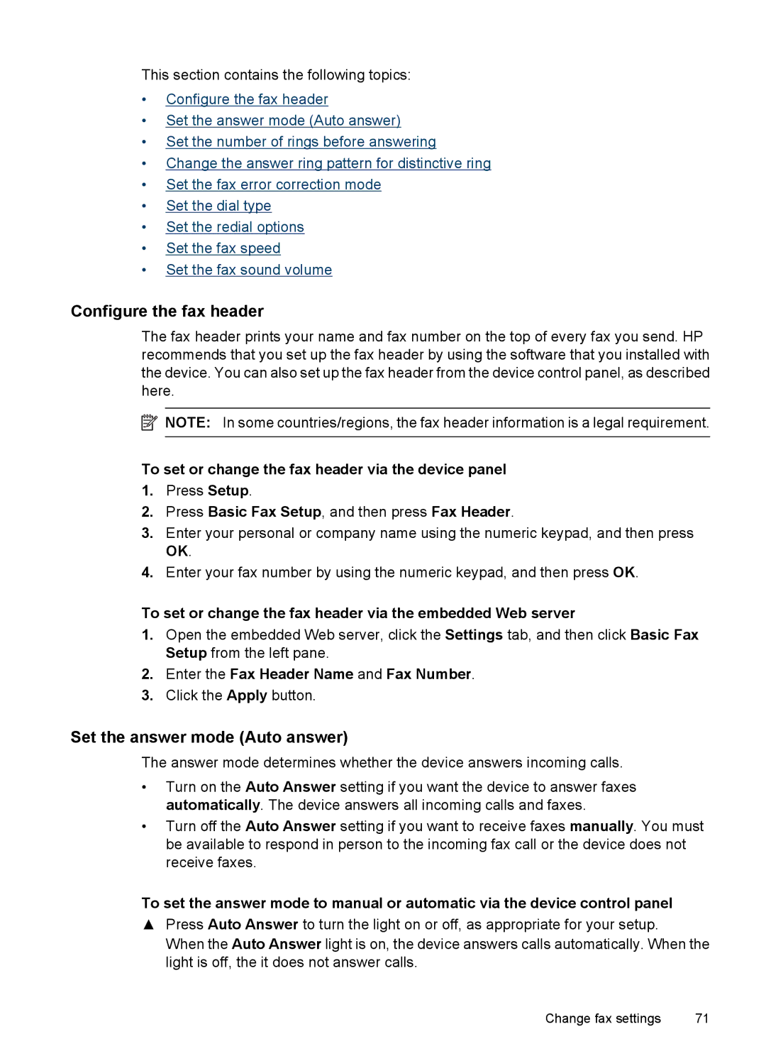 HP 6500 - E709q, 6500 - E709n, 6500 - E709a manual Configure the fax header, Set the answer mode Auto answer 