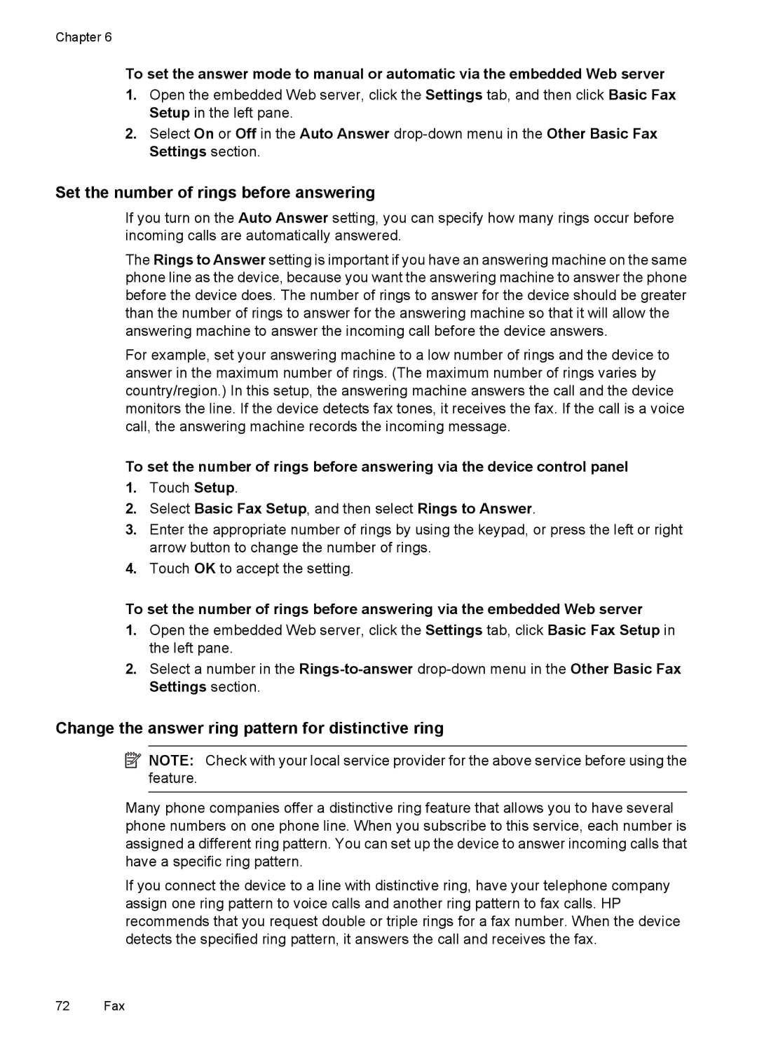 HP 6500 - E709n manual Set the number of rings before answering, Change the answer ring pattern for distinctive ring 