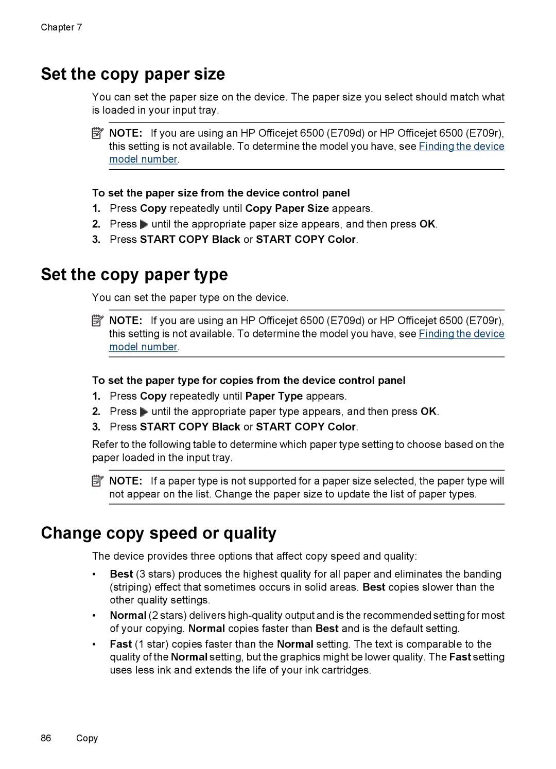 HP 6500 - E709q, 6500 - E709n, 6500 - E709a Set the copy paper size, Set the copy paper type, Change copy speed or quality 