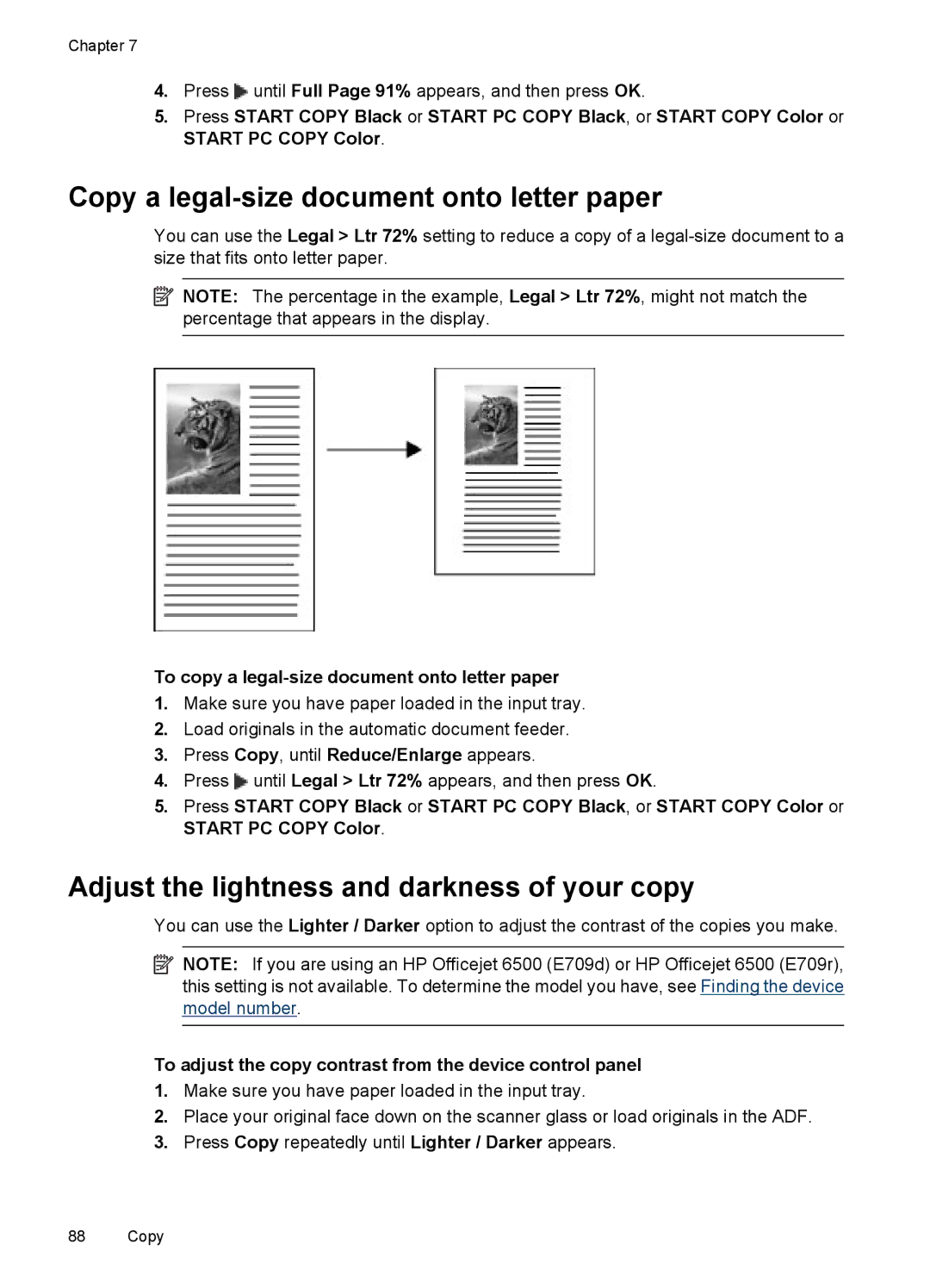 HP 6500 - E709a, 6500 - E709q Copy a legal-size document onto letter paper, Adjust the lightness and darkness of your copy 