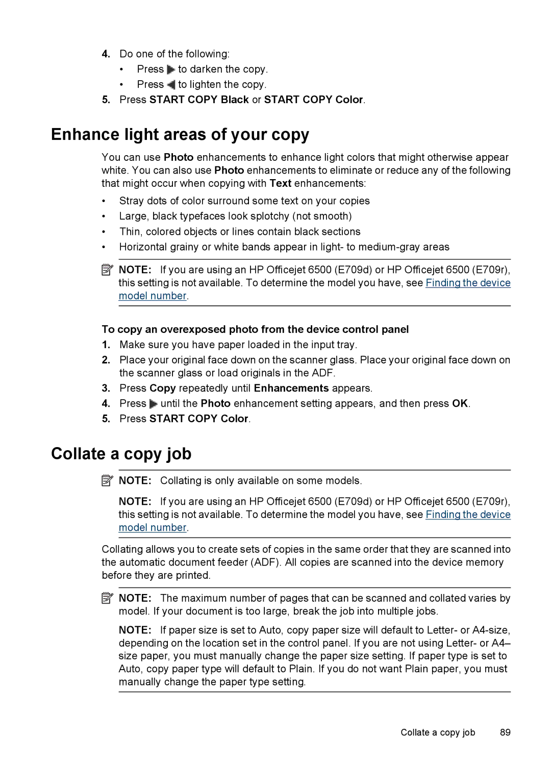 HP 6500 - E709q, 6500 - E709n, 6500 - E709a Enhance light areas of your copy, Collate a copy job, Press Start Copy Color 