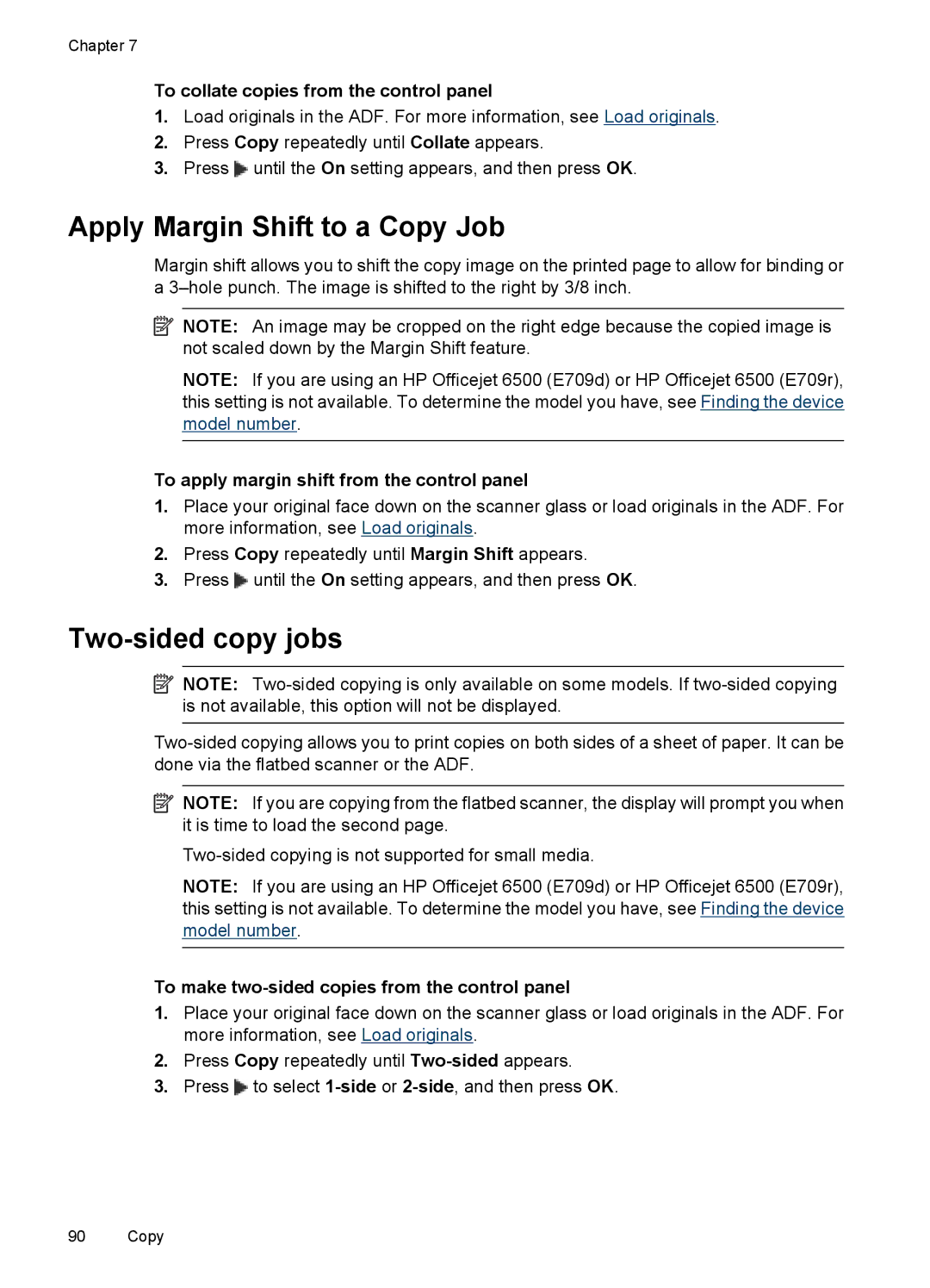 HP 6500 - E709n manual Apply Margin Shift to a Copy Job, Two-sided copy jobs, To collate copies from the control panel 