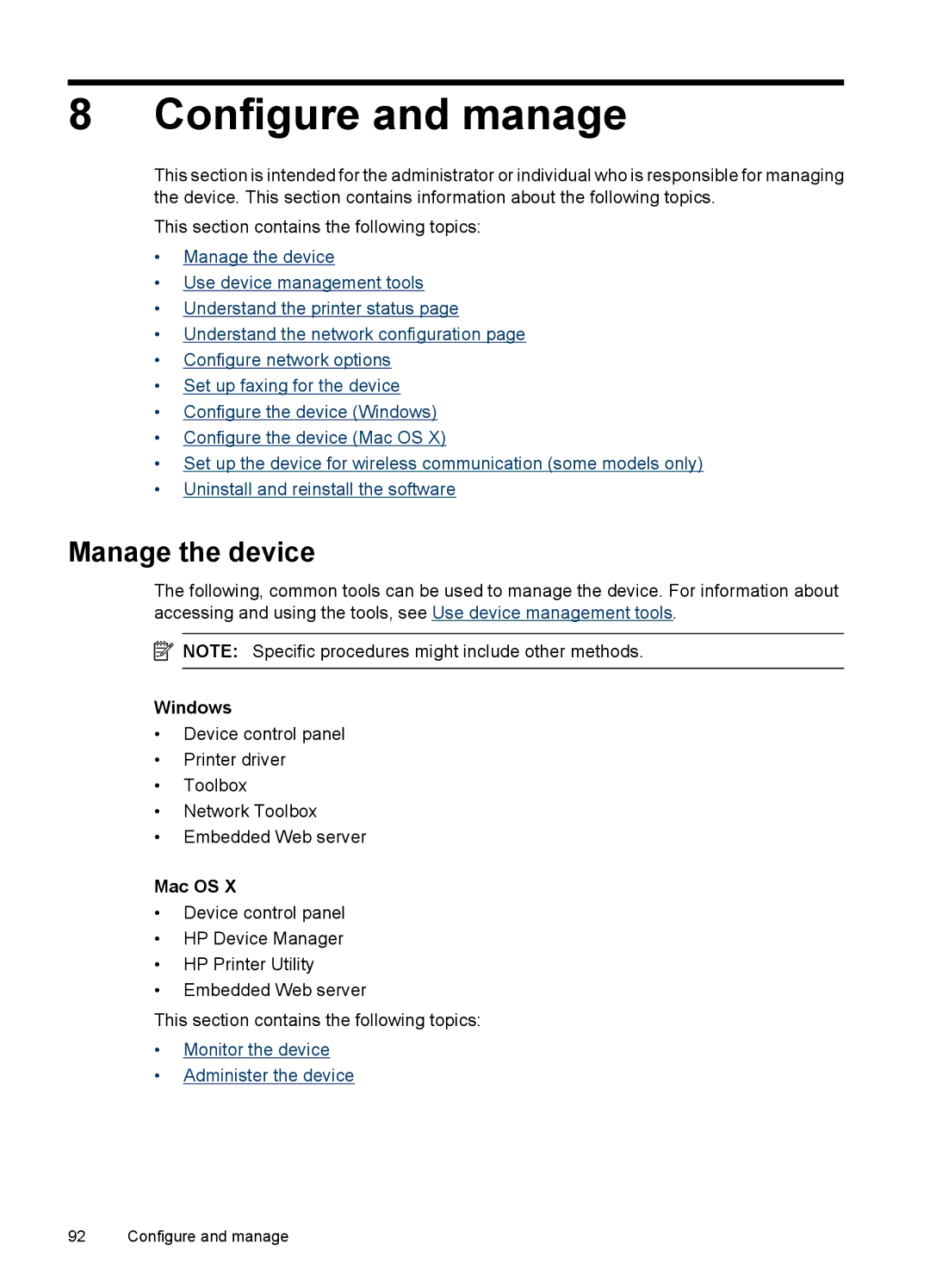 HP 6500 - E709q, 6500 - E709n, 6500 - E709a manual Manage the device, Windows, Mac OS 