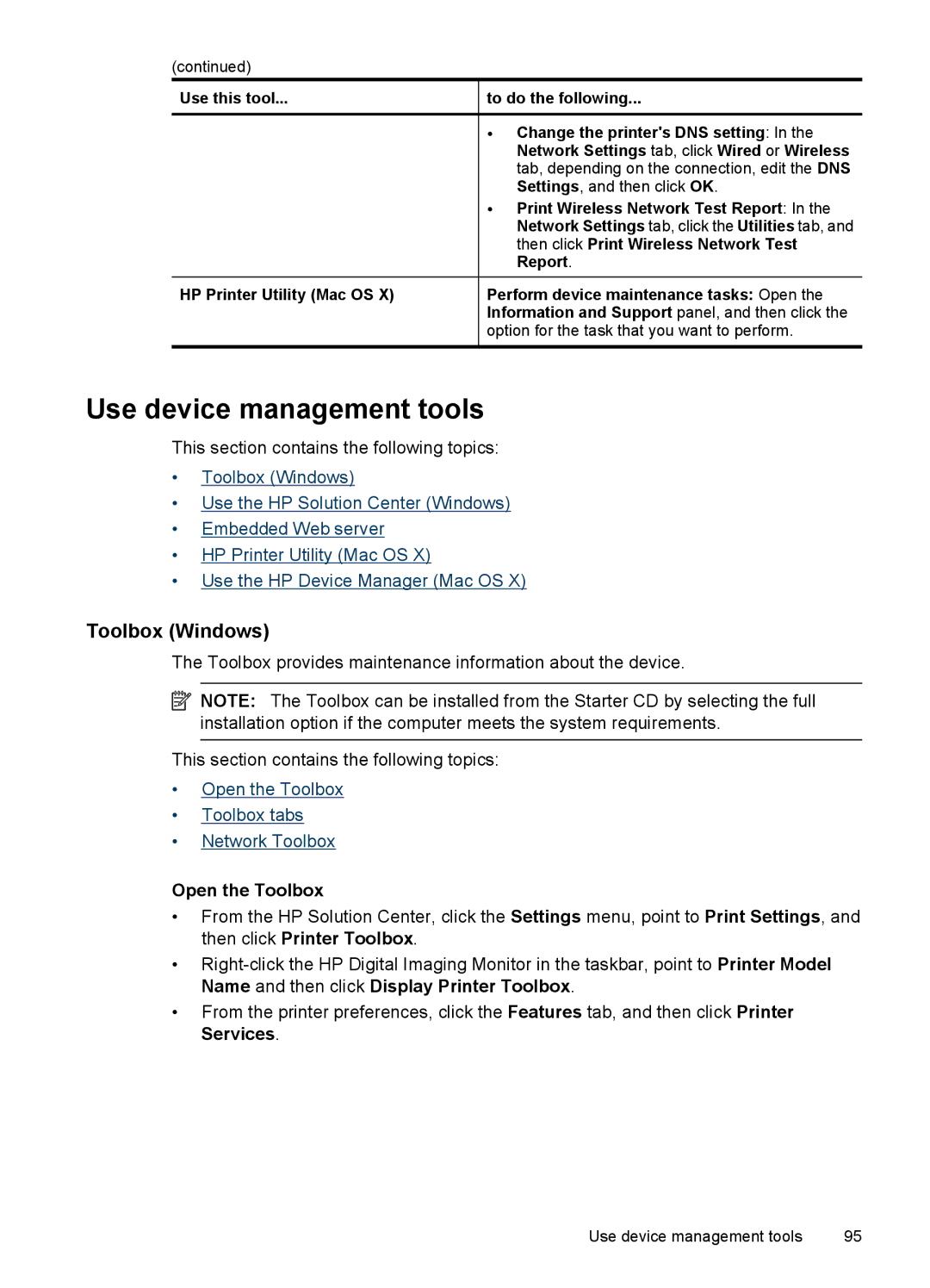 HP 6500 - E709q, 6500 - E709n, 6500 - E709a manual Use device management tools, Toolbox Windows, Open the Toolbox 