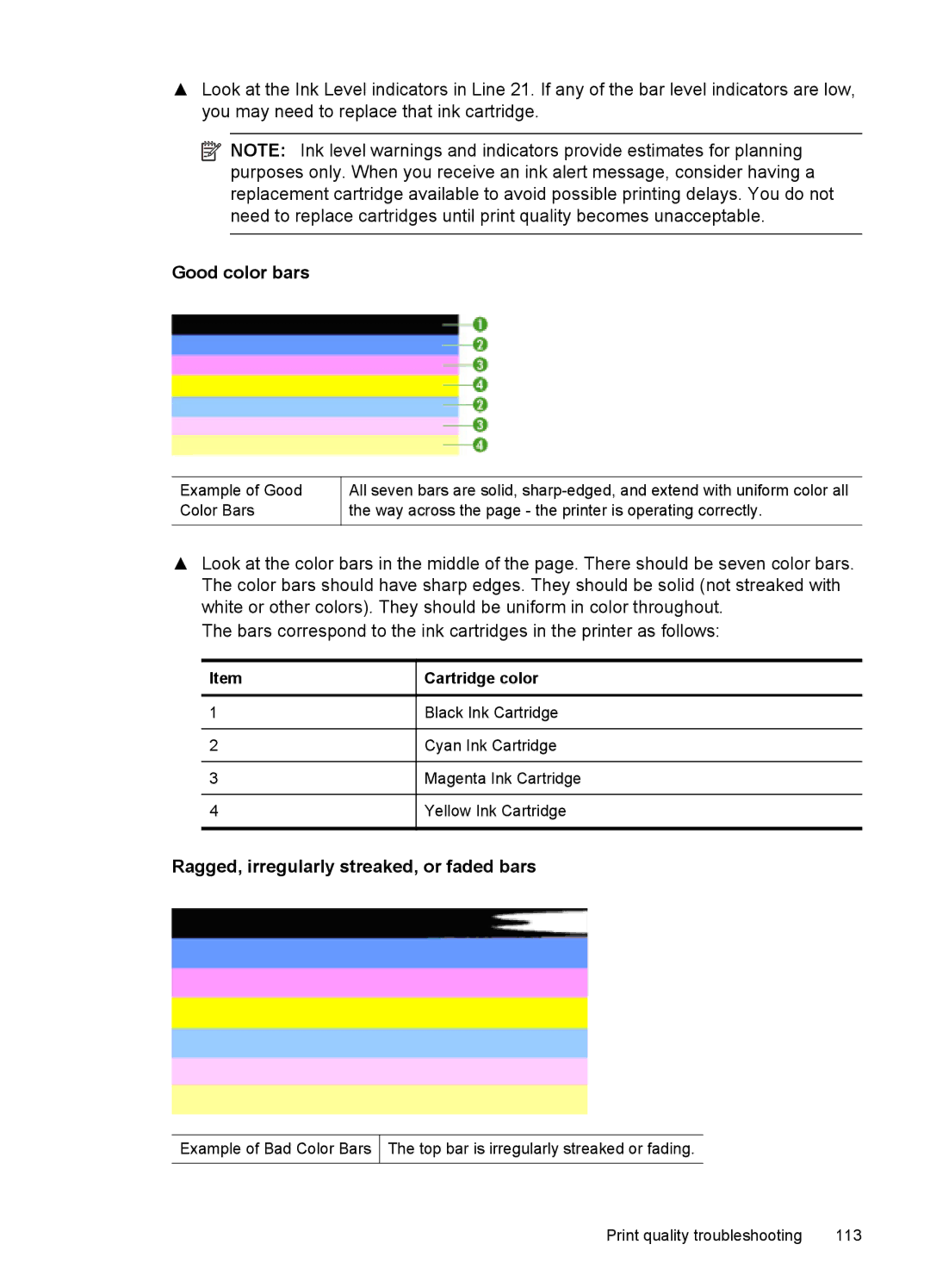 HP 6500A - E710a, 6500A Plus - E710n manual Good color bars, Ragged, irregularly streaked, or faded bars, Cartridge color 