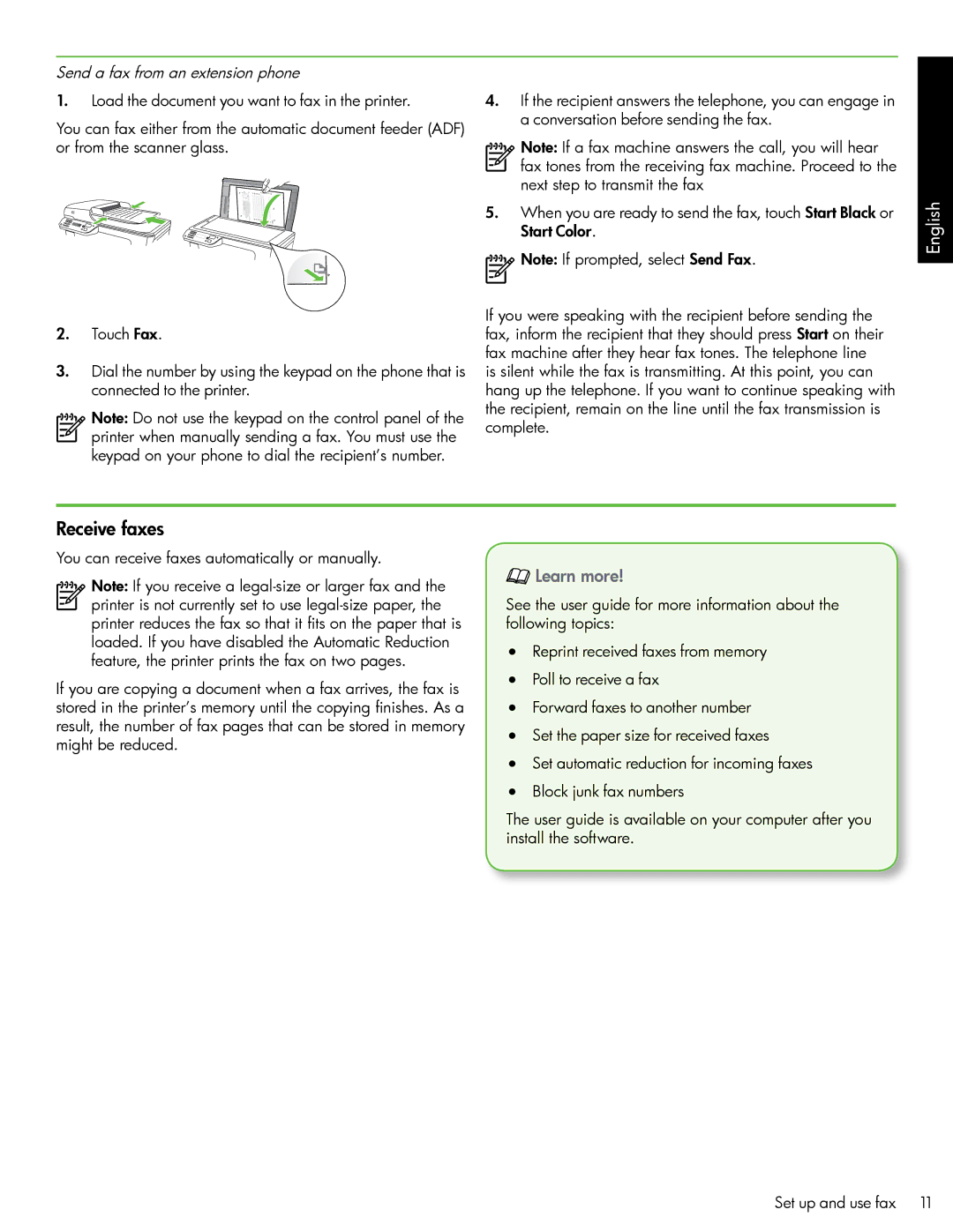 HP 6500A - E710a, 6500A Plus - E710n manual Receive faxes, Send a fax from an extension phone 