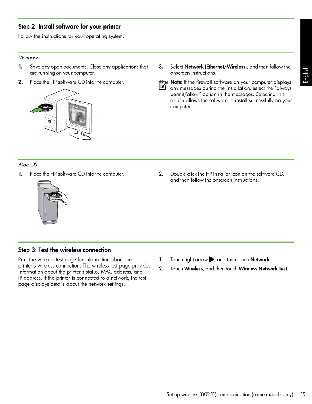 HP 6500A - E710a, 6500A Plus - E710n manual Install software for your printer, Test the wireless connection, Windows 