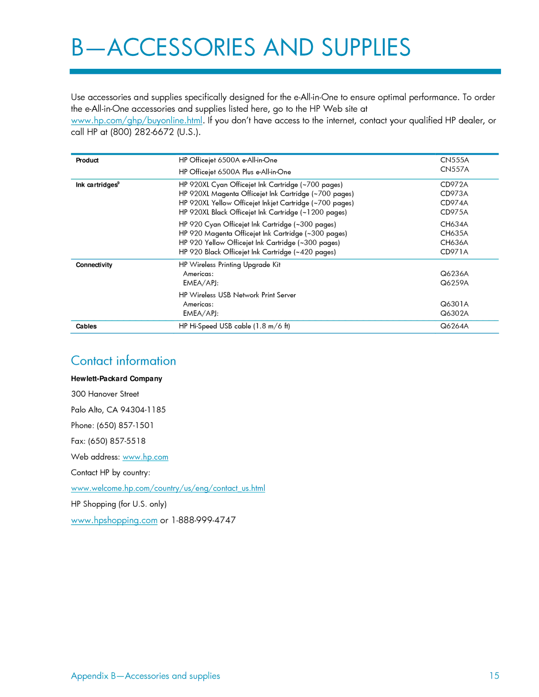 HP 6500A manual Accessories and Supplies, Contact information 