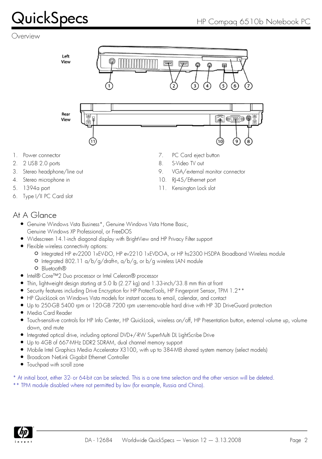 HP 6510b manual At a Glance, Worldwide QuickSpecs Version 12 