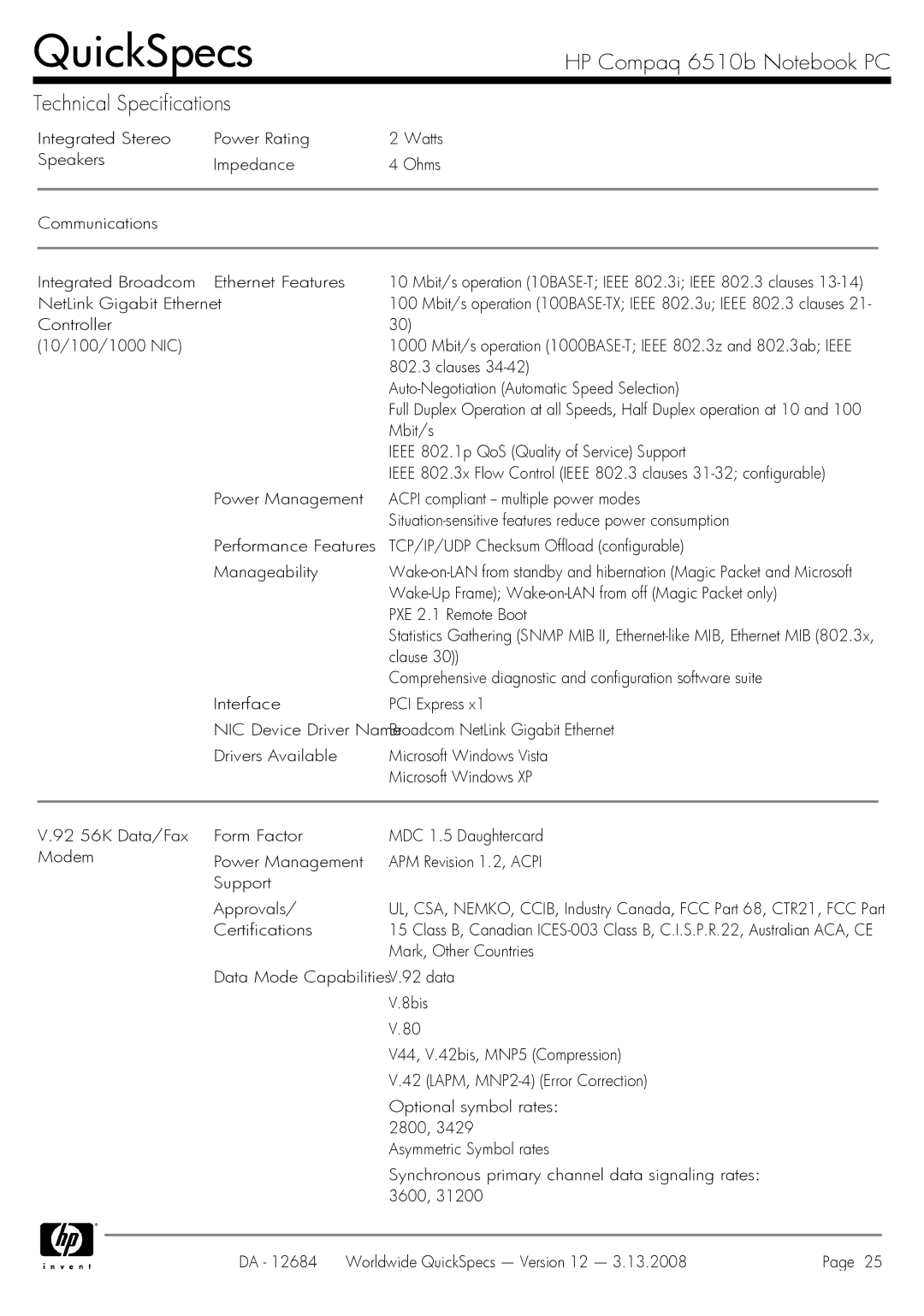 HP 6510b Wake-Up Frame Wake-on-LAN from off Magic Packet only, PXE 2.1 Remote Boot, Clause, Mark, Other Countries, 8bis 