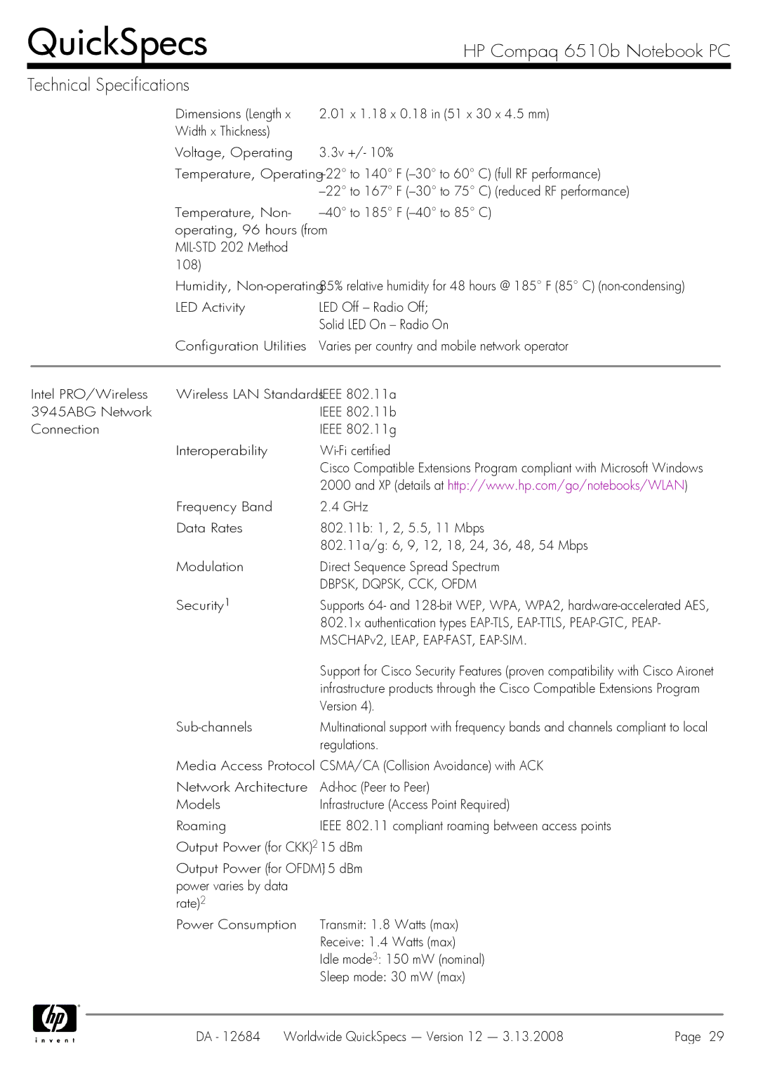 HP 6510b manual DBPSK, DQPSK, CCK, Ofdm 