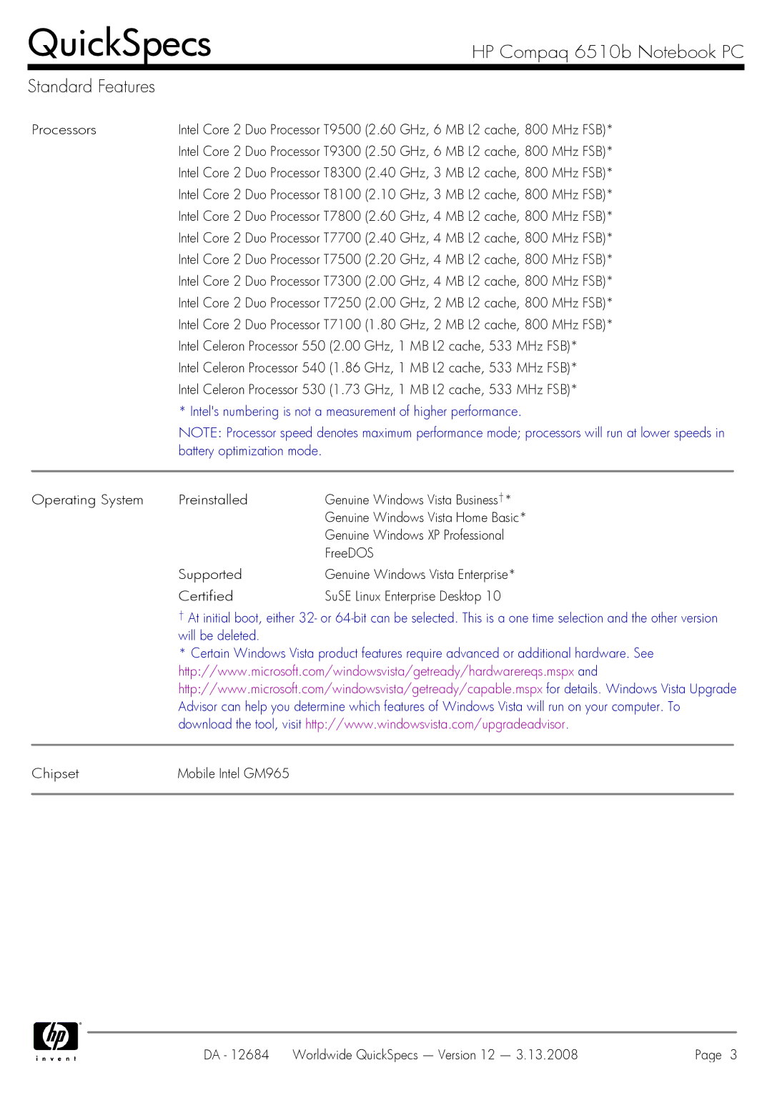 HP 6510b manual Intels numbering is not a measurement of higher performance 