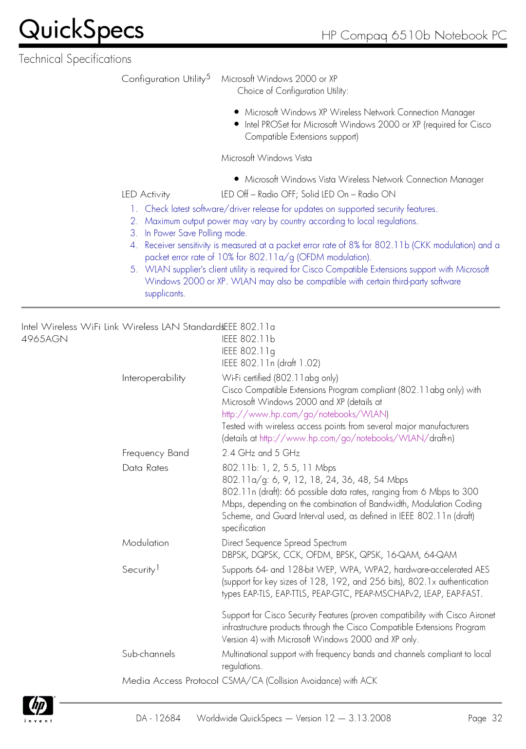 HP 6510b manual Microsoft Windows 2000 and XP details at, DBPSK, DQPSK, CCK, OFDM, BPSK, QPSK, 16-QAM, 64-QAM 