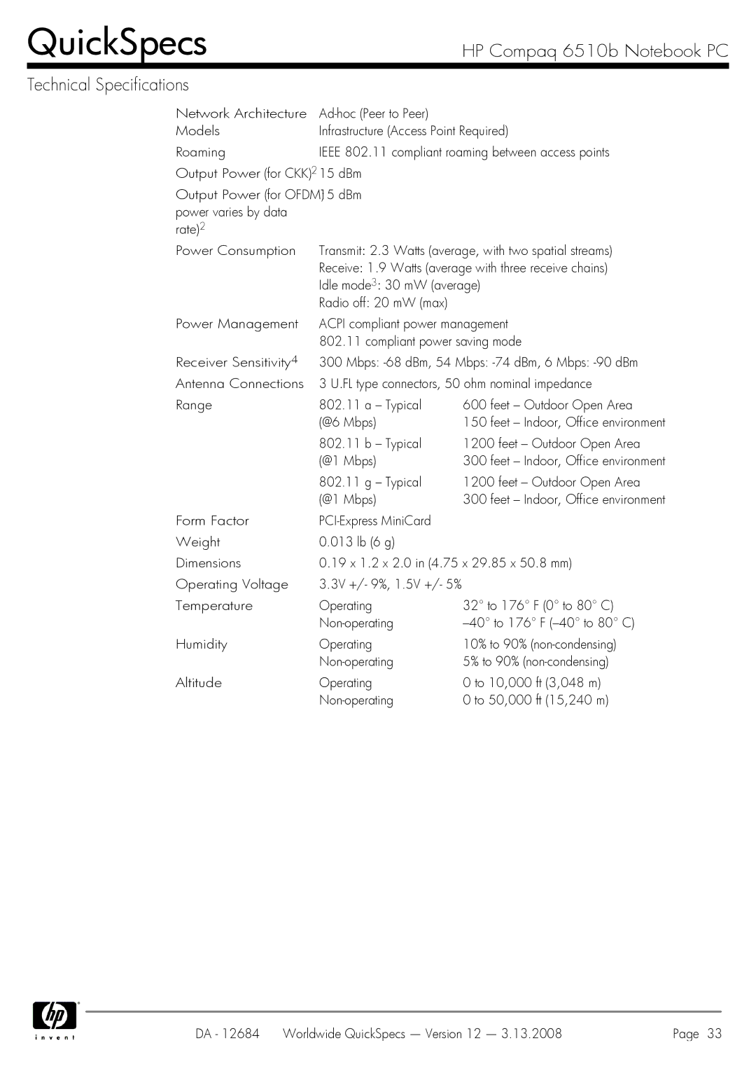 HP 6510b manual QuickSpecs 