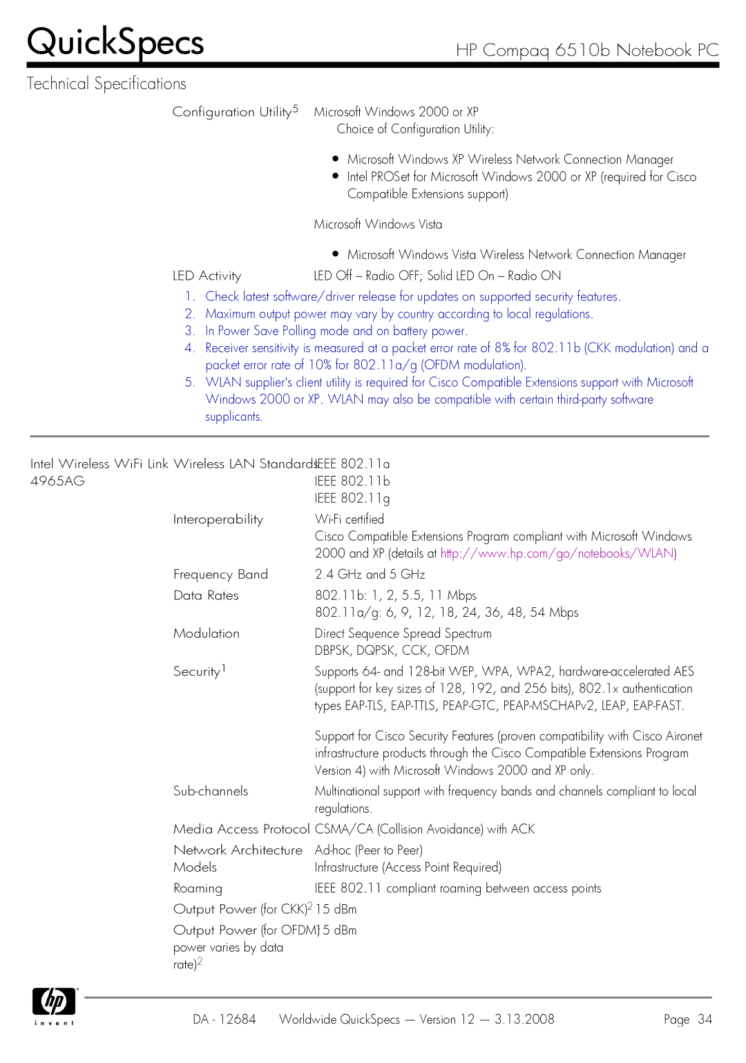 HP 6510b manual DBPSK, DQPSK, CCK, Ofdm 