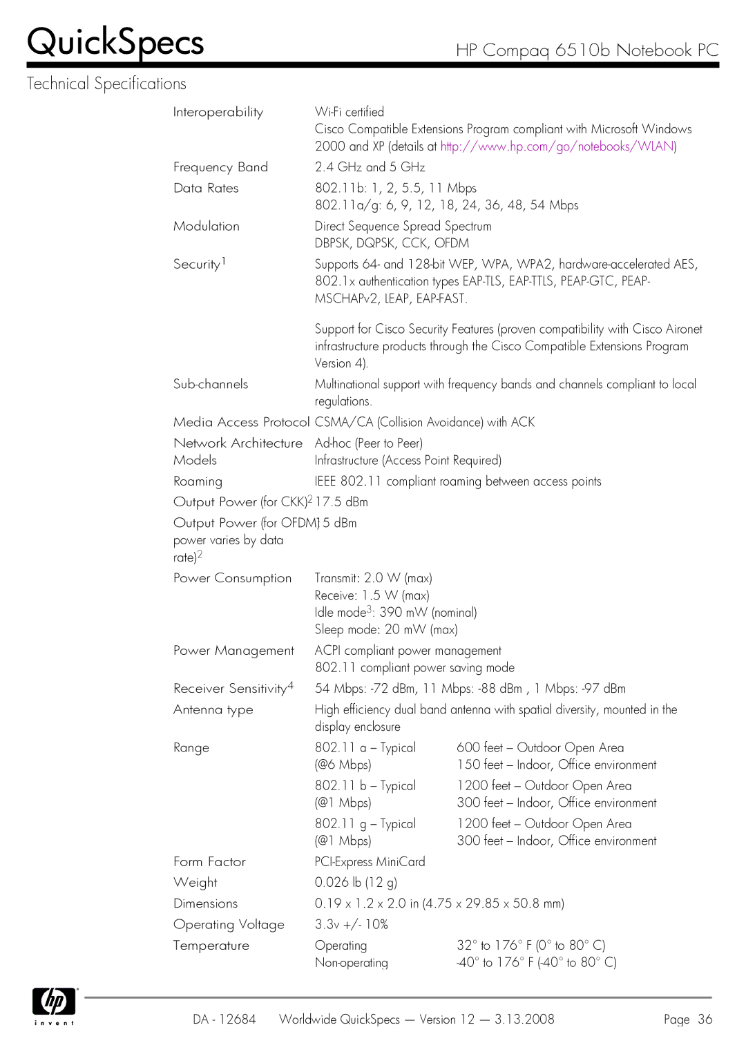 HP 6510b manual Interoperability Wi-Fi certified, MSCHAPv2, LEAP, EAP-FAST 