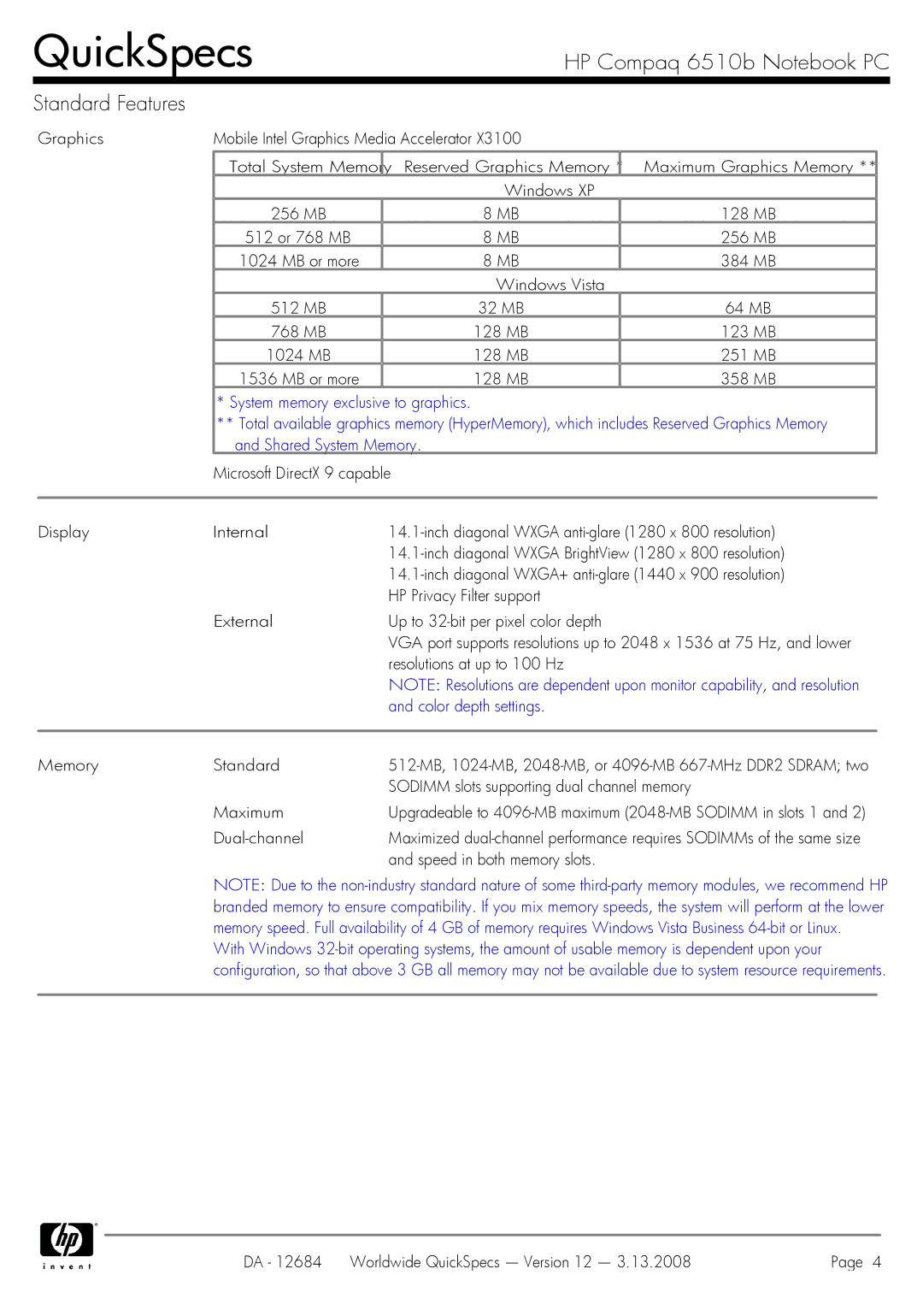 HP 6510b manual Color depth settings, Dual-channel, Speed in both memory slots 