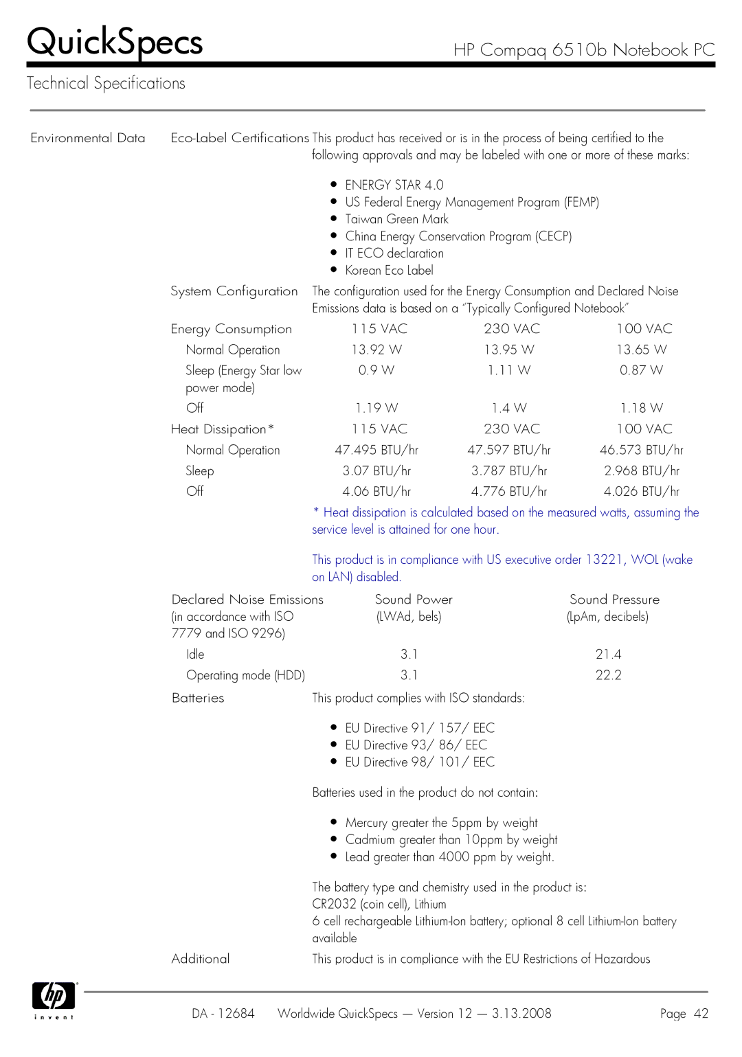 HP 6510b manual Emissions data is based on a Typically Configured Notebook, Available Additional 