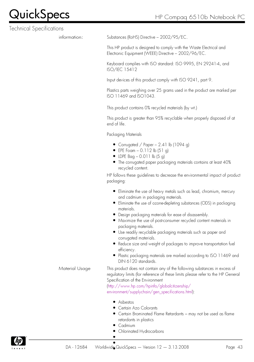 HP 6510b manual ISO 11469 and ISO1043, This product contains 0% recycled materials by wt, End of life, Packaging Materials 