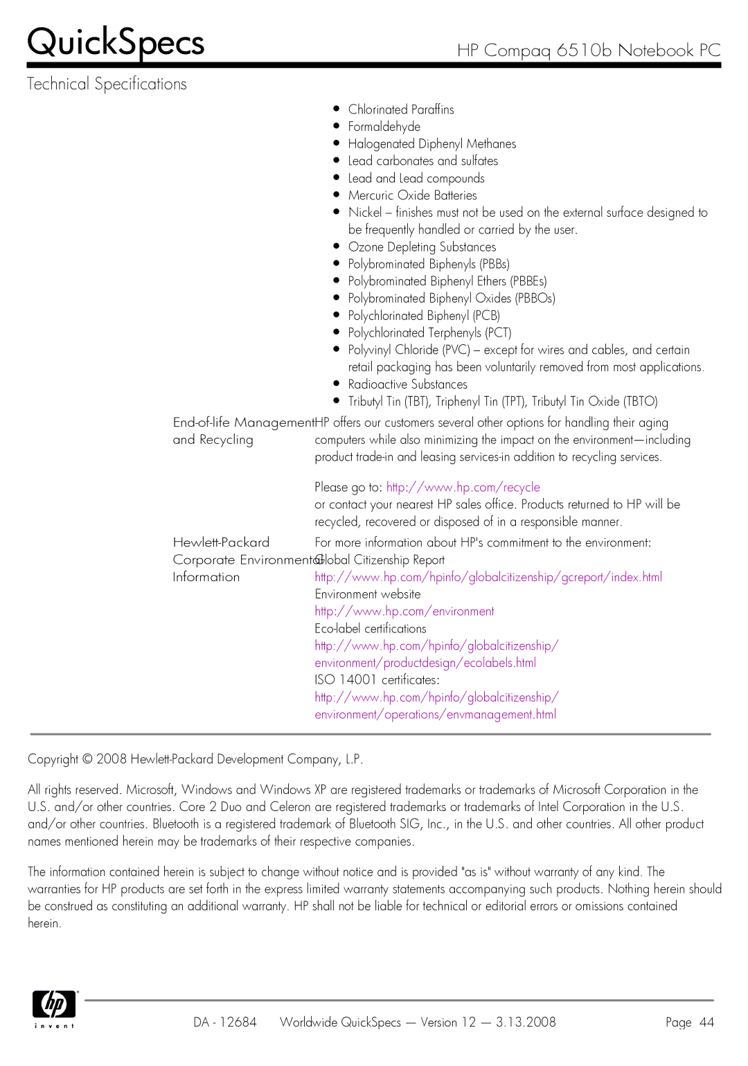 HP 6510b manual Recycled, recovered or disposed of in a responsible manner, ISO 14001 certificates 