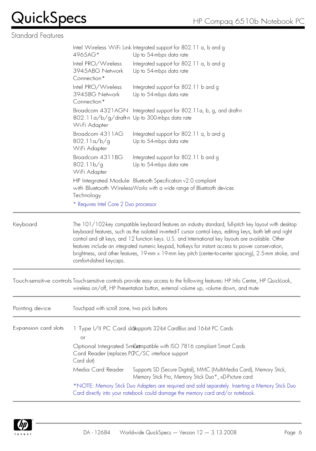 HP 6510b manual Requires Intel Core 2 Duo processor 