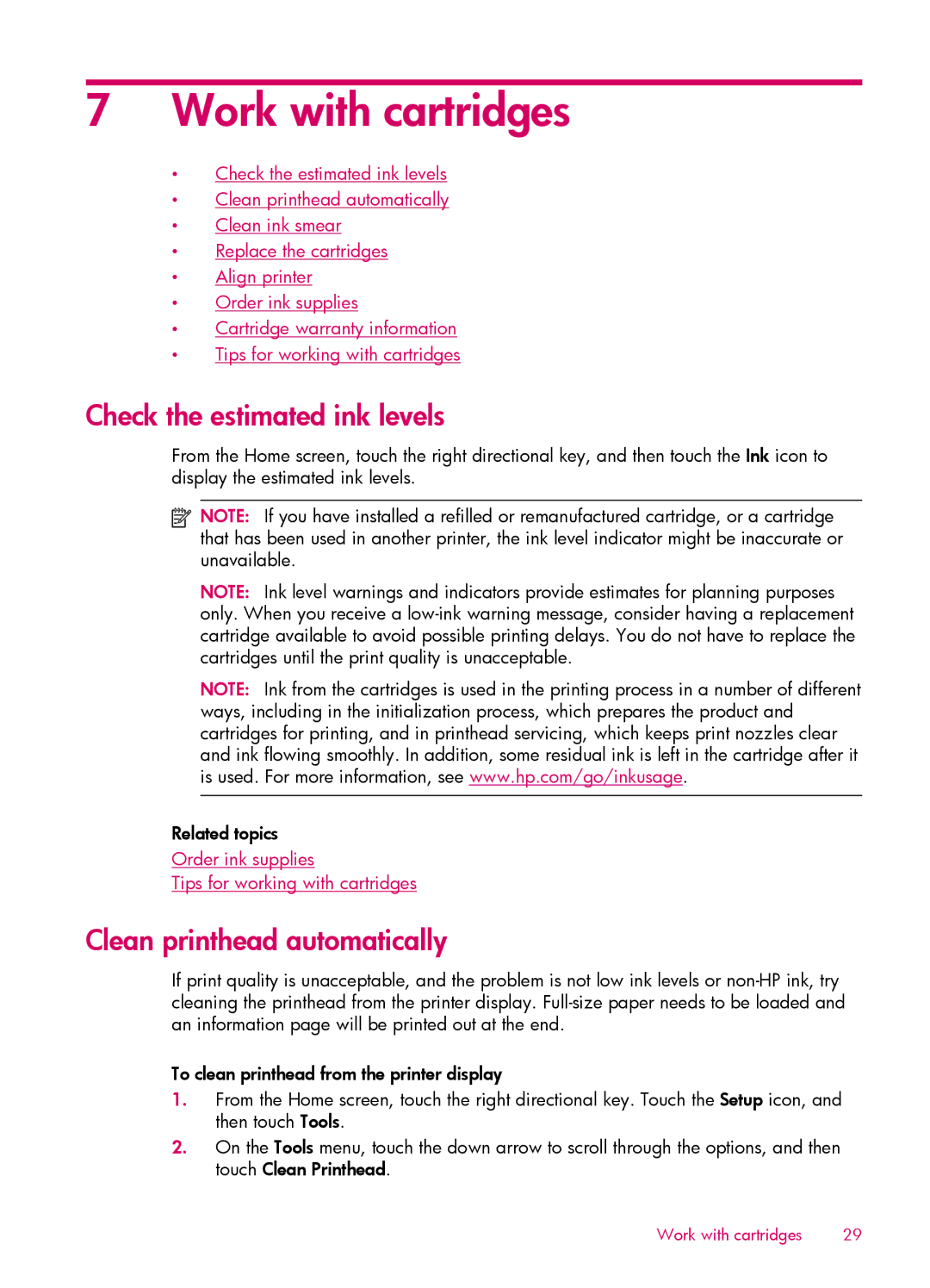 HP 6515 - B211a, 6512 - B211a manual Work with cartridges, Check the estimated ink levels, Clean printhead automatically 