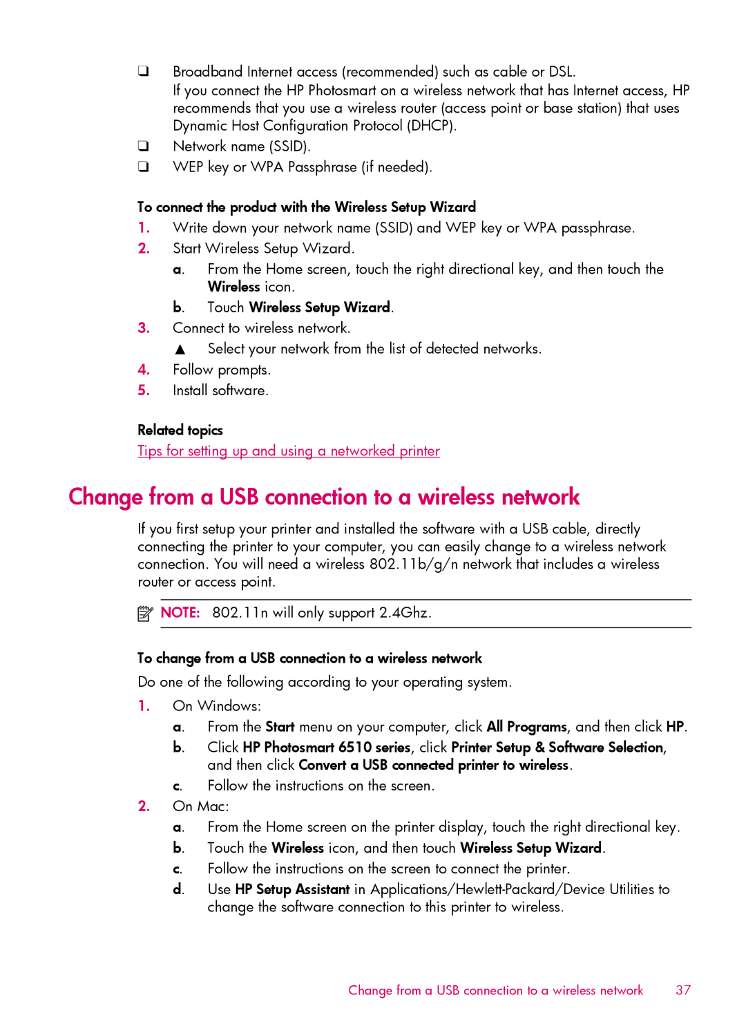 HP 6512 - B211a, 6515 - B211a, 6510 - B211a manual Change from a USB connection to a wireless network 