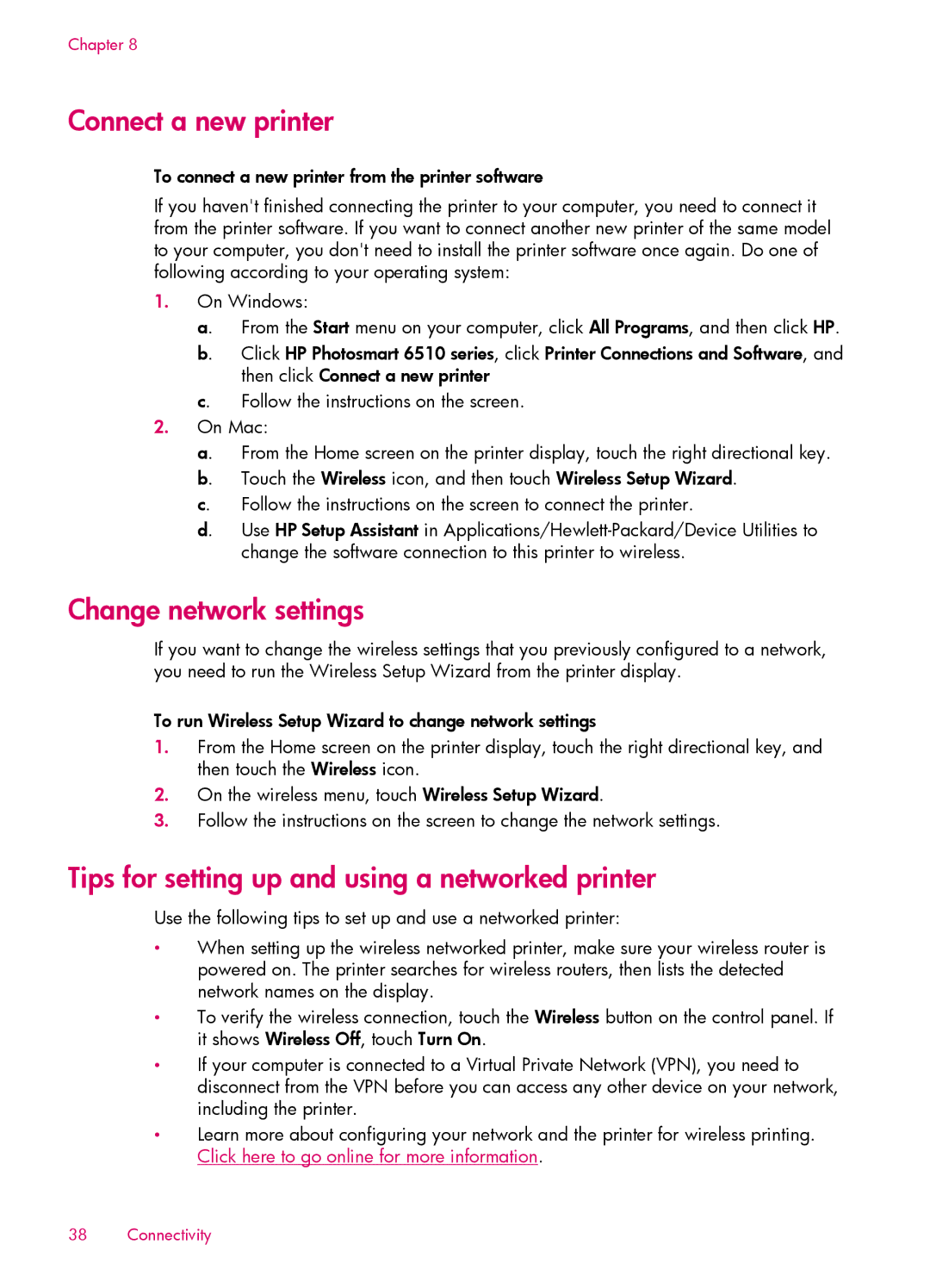 HP 6515 - B211a manual Connect a new printer, Change network settings, Tips for setting up and using a networked printer 