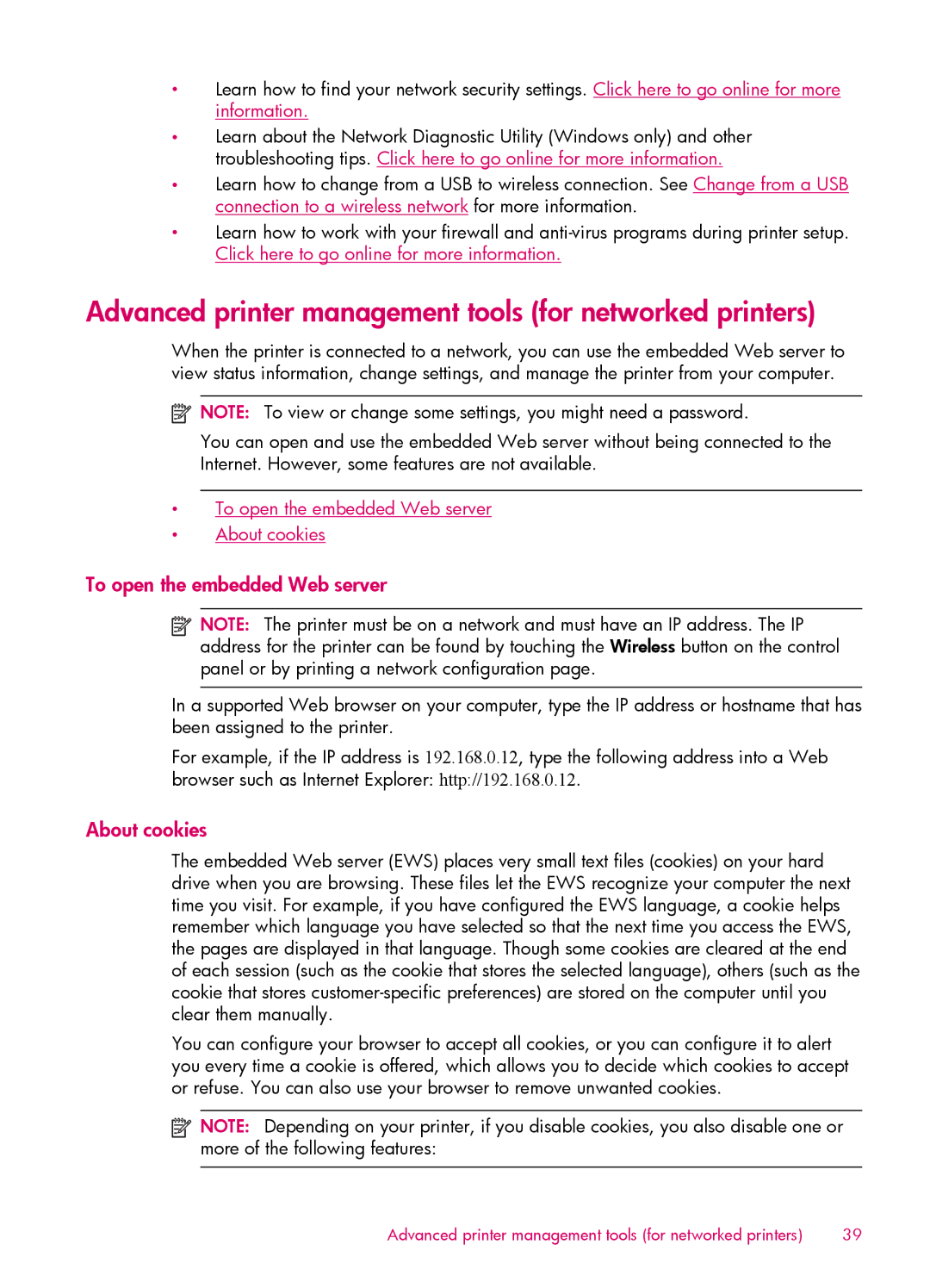 HP 6510 - B211a Advanced printer management tools for networked printers, To open the embedded Web server About cookies 